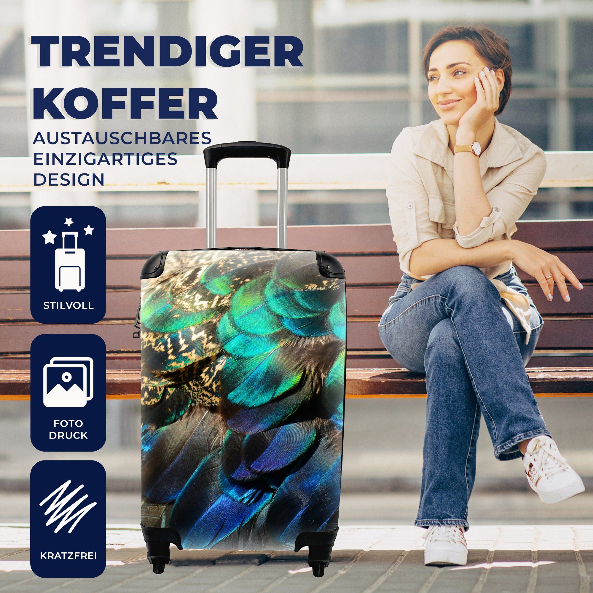Handgepäck Reisekoffer für Handgepäckkoffer Blau Kunst, Ferien, Federn - Trolley, Pfau - Pfauenfedern MuchoWow mit - 4 Reisetasche rollen, - Rollen,