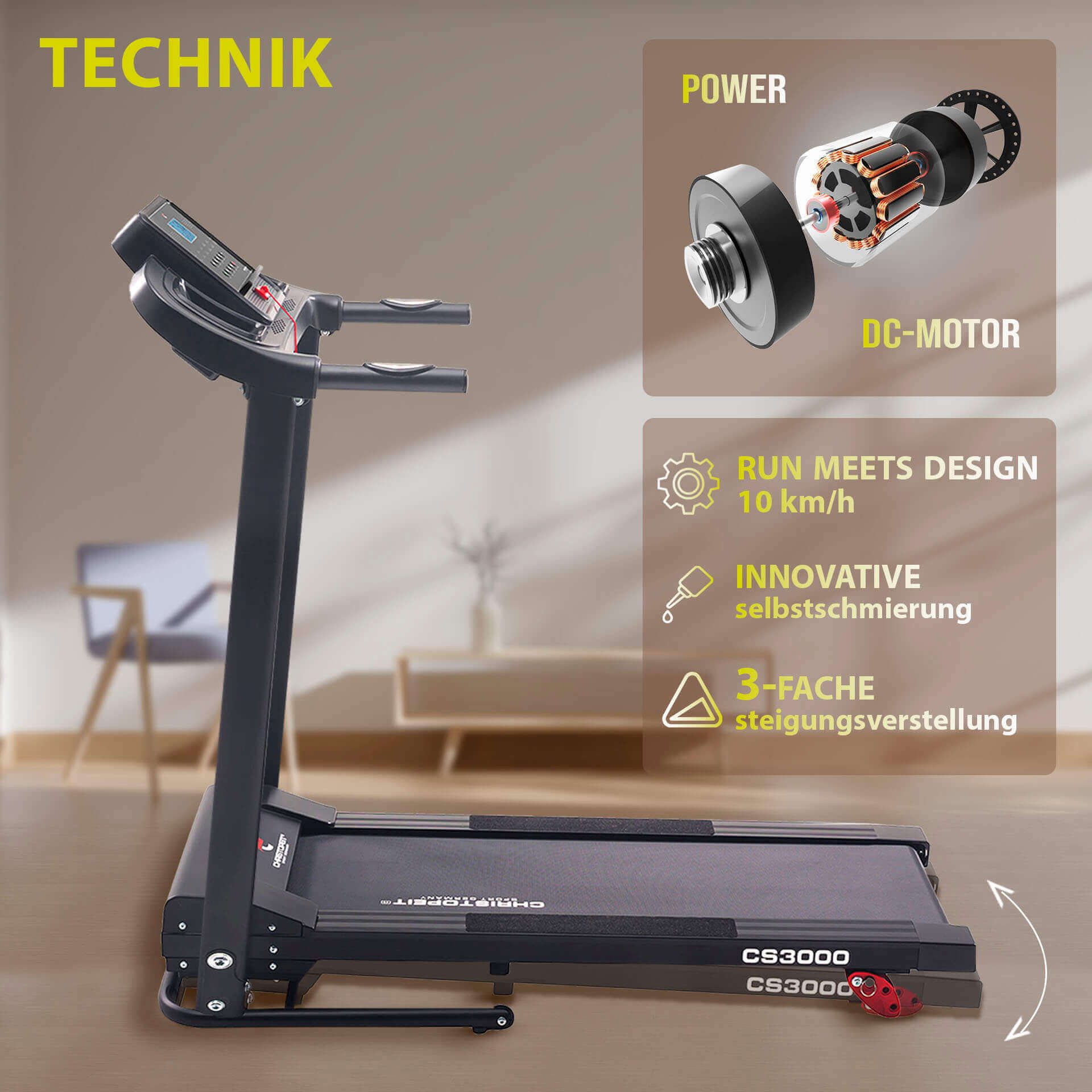 Christopeit Sport® Laufband CS 3000 (mit integrierten Handpulssensoren und Soft-Drop-Klappsystem), bis max. 8 km/h, klappbar, 120 kg max. Benutzergewicht