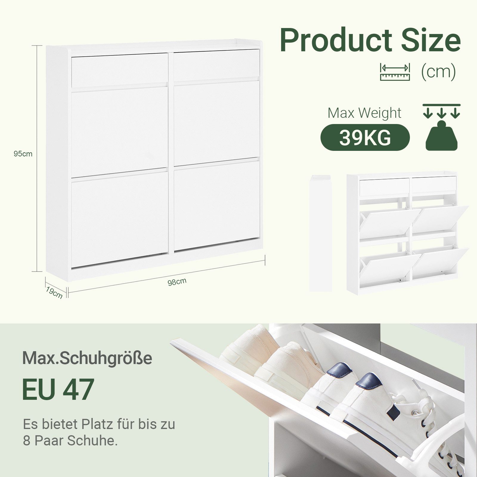 SoBuy Schuhschrank FSR169, Schuhablage, Schuhkipper schmal, Schuhregal, Schuhkommode mit 4 Klappen, 2 Schubladen, perfekt für schmale Flure, für 8-12 Paar – Bild 5 von 5