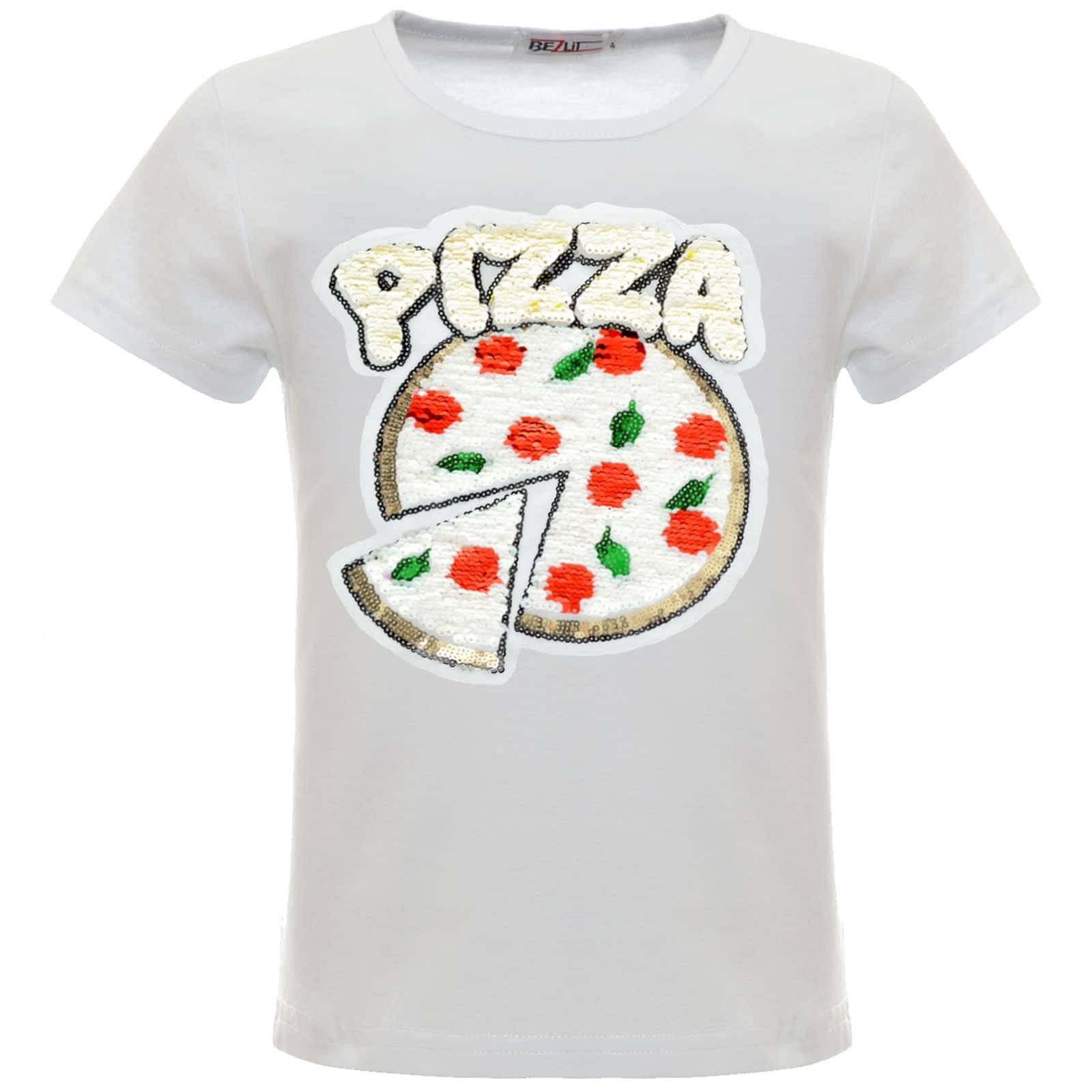 BEZLIT Paillettenshirt Mädchen T-Shirt mit Wendepailletten mit Wende (1-tlg) Motiv PIZZA Pailletten Weiß