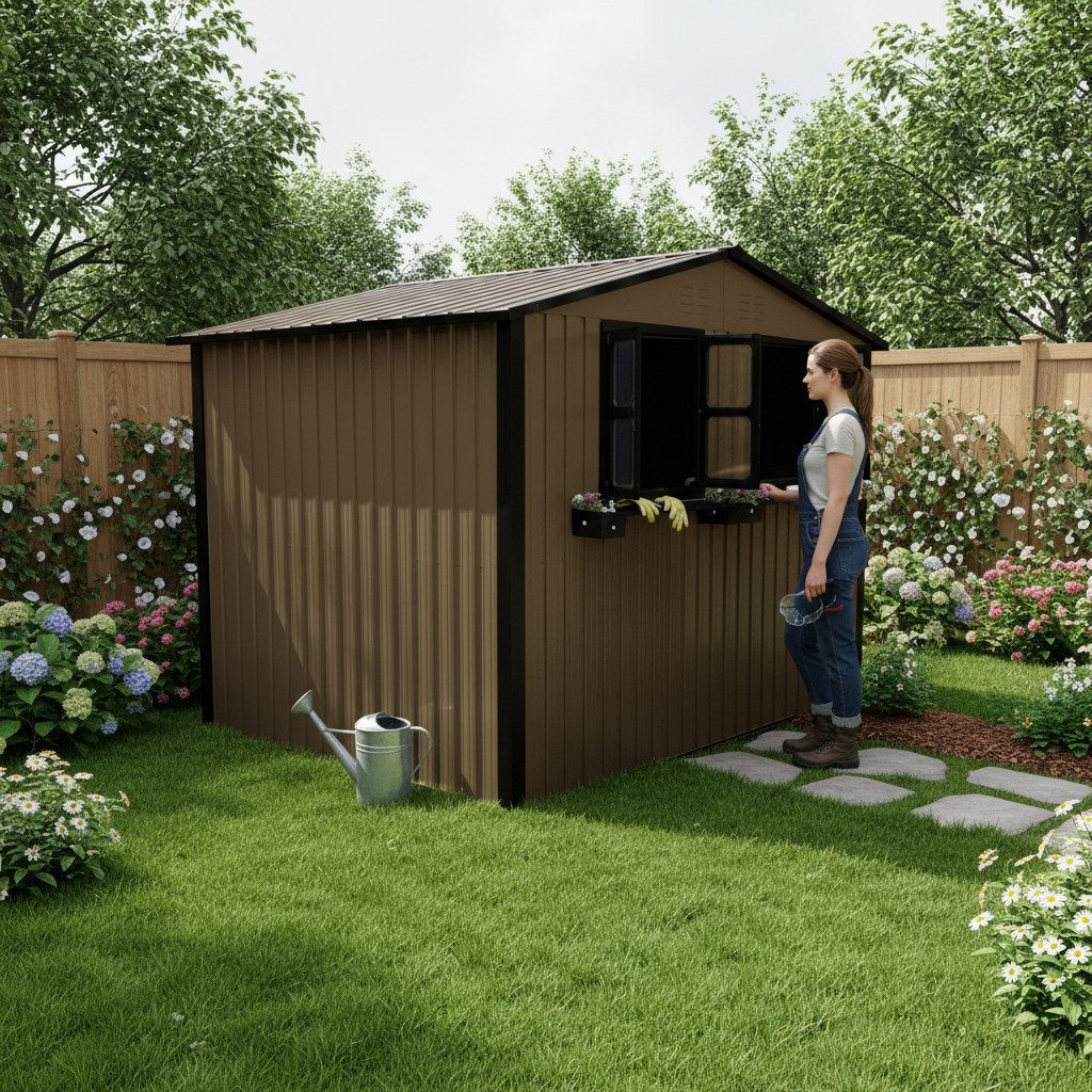 Rolipo Gerätehaus Verzinktes Stahl-Gartenhaus 170x254cm (4,33m), 2 Doppelfenster, abschließbare Doppeltüren, Blumenregal