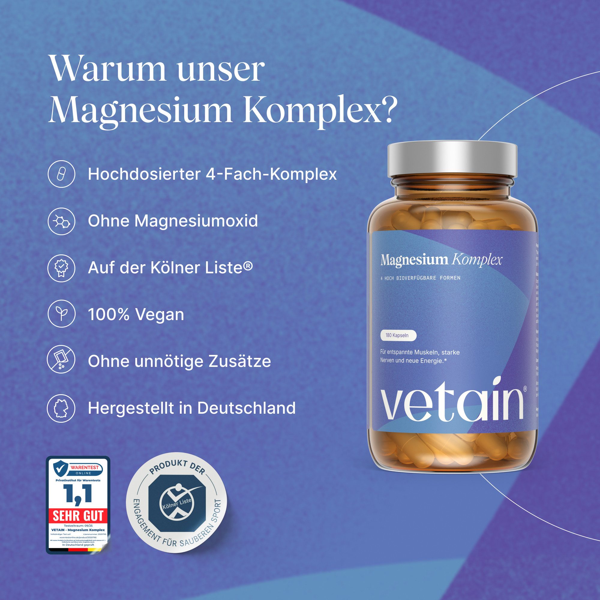 VETAIN Magnesium Komplex - 180 vegane Kapseln, 350mg elementares Magnesium je Tagesdosis à 180 St., 91.8 g, Ohne unnötige Zusätze