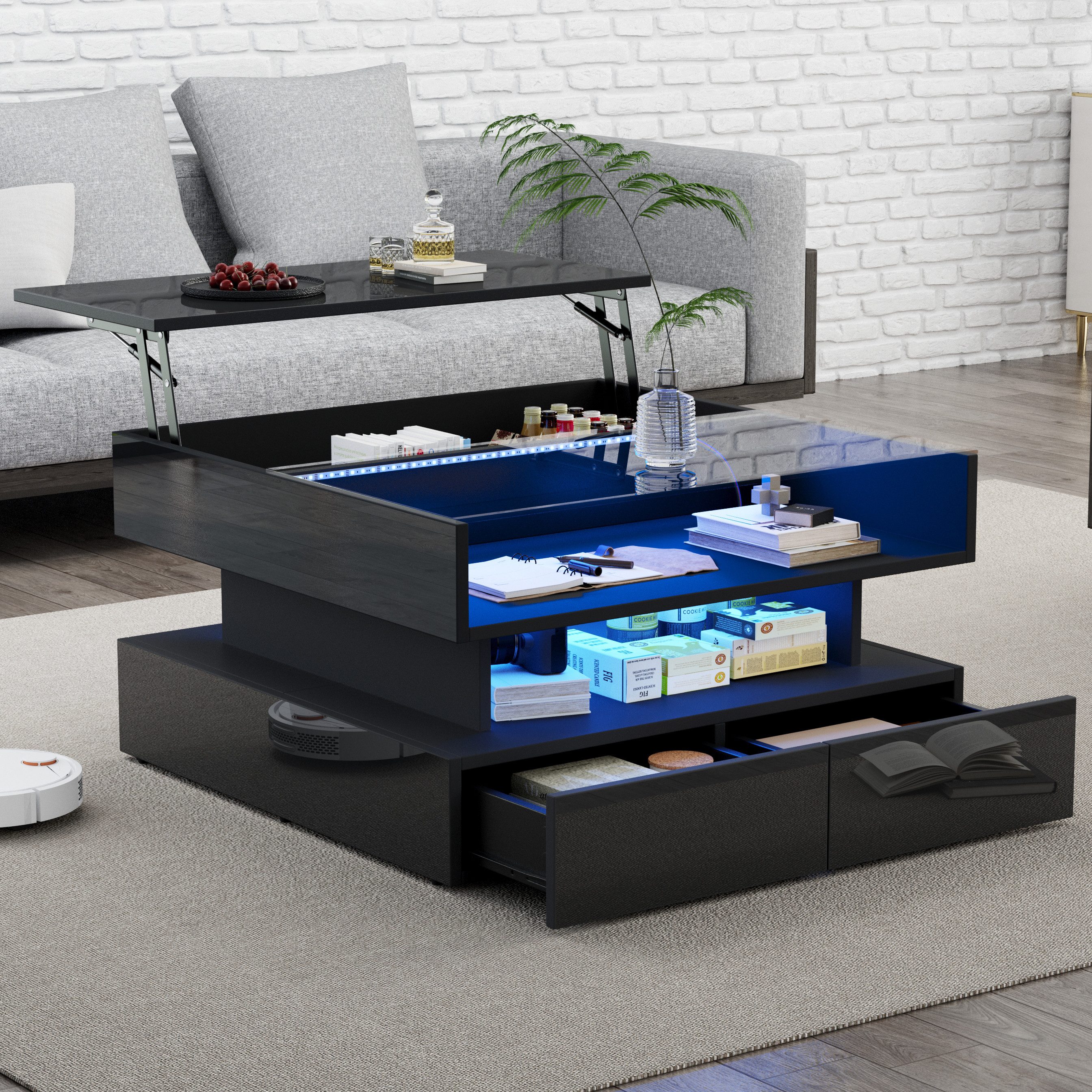 Merax Couchtisch höhenverstellbar Sofatisch Hochglanz Beistelltisch mit LED-Beleuchtung (80 x 80 x 45 cm, 1-St., Tischplatte aus gehärtetem Glas und Spanplatte), Wohnzimmertisch mit 2 Schubladen, verstecktem Stauraum und Ablagefach