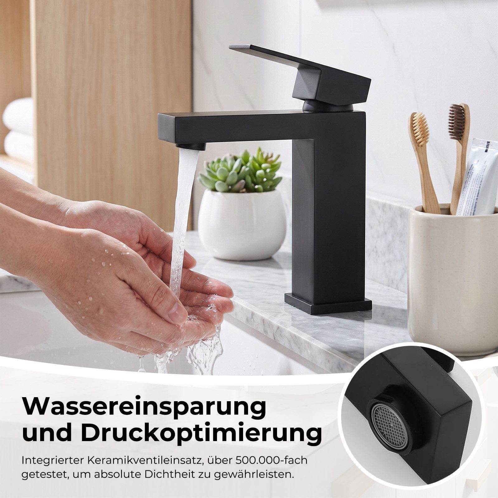 AKKEE Waschtischarmatur Wasserhahn Bad, Waschtischarmatur Schwarz Matt aus Messing Mischbatterie Waschbecken Wasserfall Waschtischarmatur – Bild 3 von 5