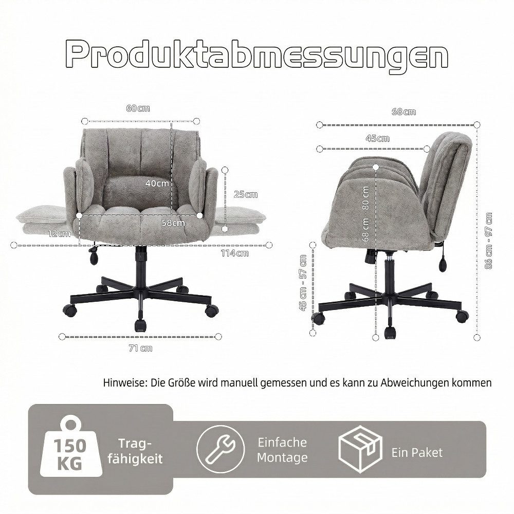 Leawin Drehstuhl Bürostuhl ergonomisch mit Rollen & klappbaren Armlehnen, Breiter Schreibtischstuhl mit Air-Lordosenstütze, 150 kg