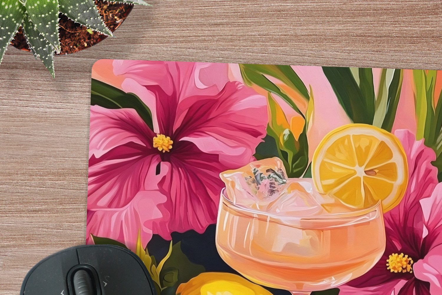 MuchoWow Mauspad Getränk - Blumen - Gelb (1-St), Mouse pad groß, Schreibtisch Zubehör, Desk Mat, 50x50 cm