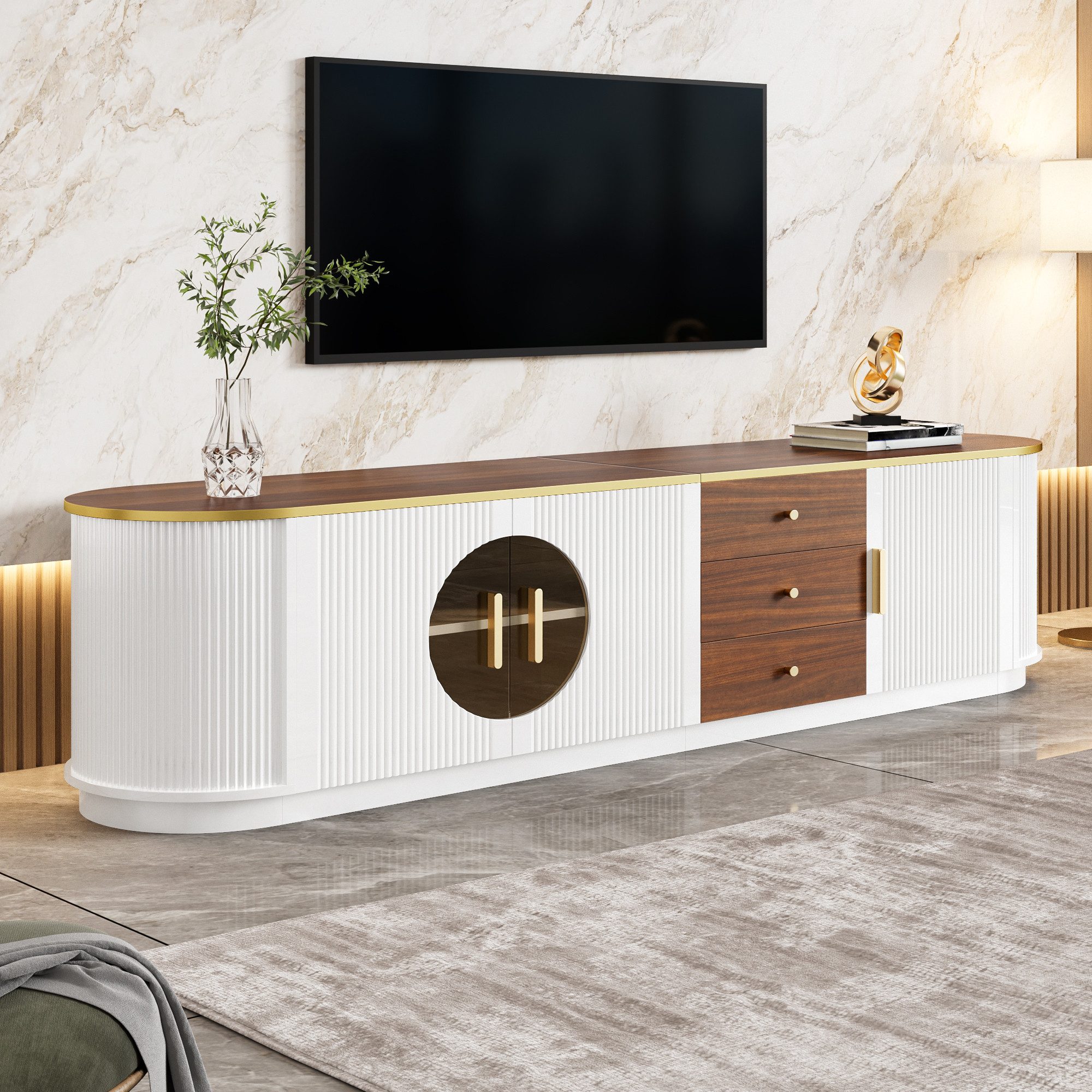 STILVORA Lowboard TV-Schrank mit Schubladen TV Element in vertikale Rillenoptik (3 Türen, 3 Schubladen, Glasdetails, Aluminiumgriffe, Lowboard, MDF-Rahmen, braunes Glas, abgerundet, kratzfest, stabil), für Wohnzimmer, TV-Bereich und gehobene Wohnräume