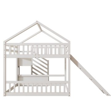 DOPWii Bett 140x200cm Etagenbett mit Stauraumtreppe und Rutsche, Hausbett, Kinderbett mit Geländer,Grau/weiss, Jugendbett, Etagenbett