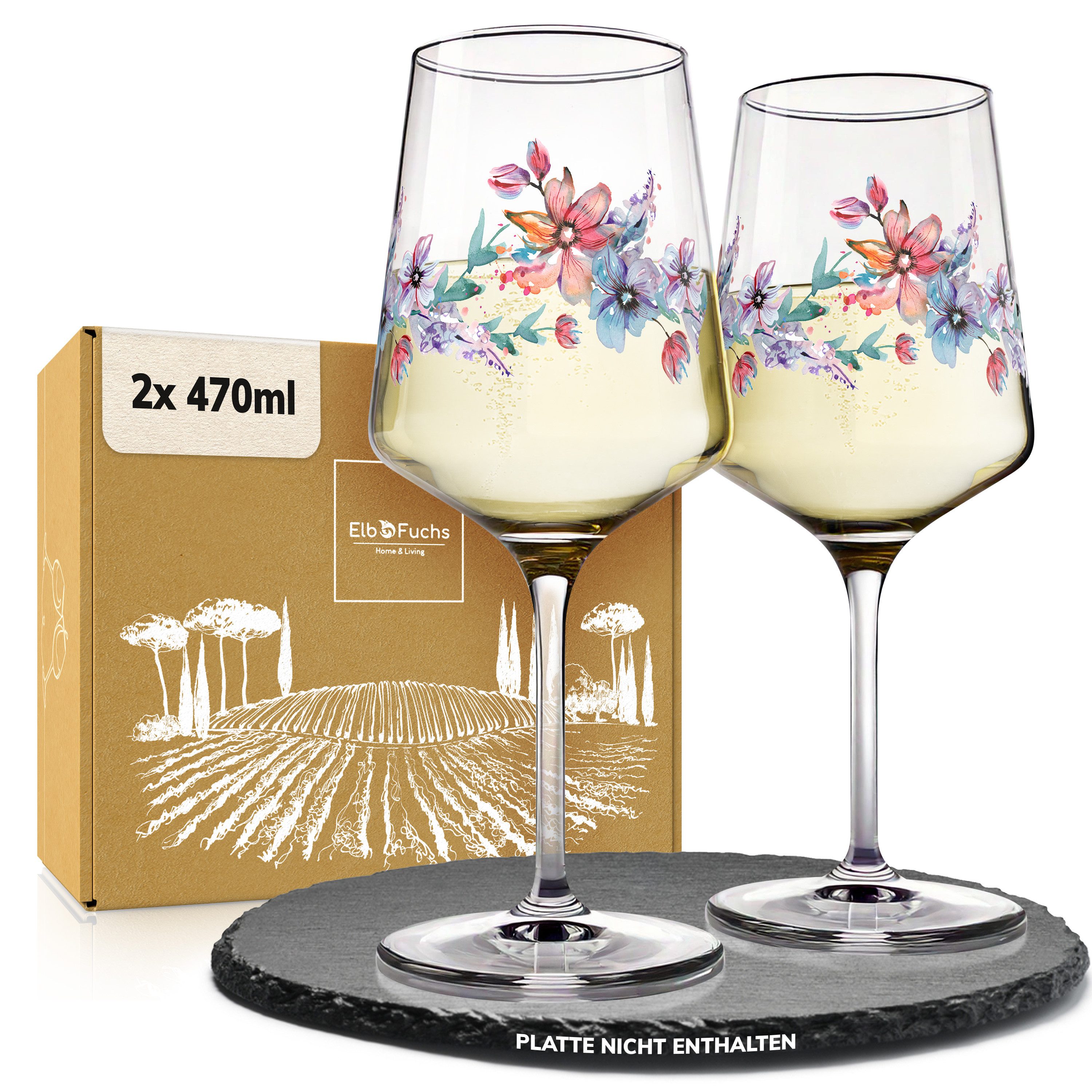 ElbFuchs Aperitifglas Spring Harmony mit Blütenmotiv, 2-tlg., Borosilikatglas, 470 ml, Spülmaschinenfest