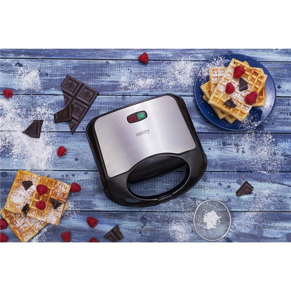 Camry Waffeleisen CR 3019 Waffelmaker für 2 Waffeln, Thermostat, 1000 W, Antihaft-Platten mit weißer Keramikbeschichtung, Silber/Schwarz