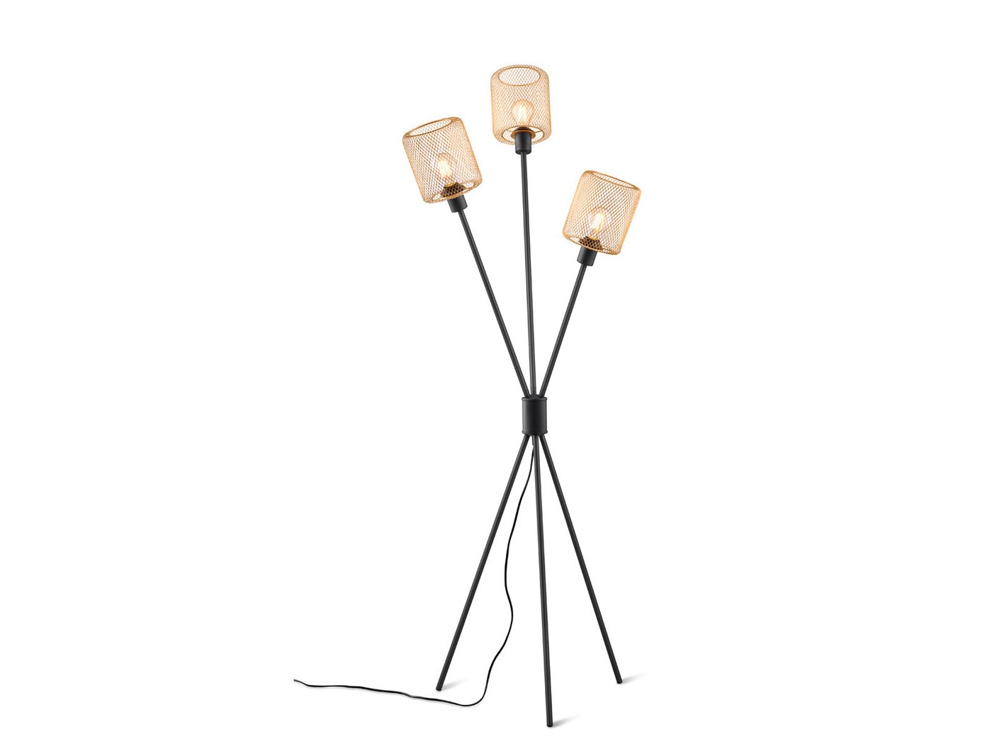 Reality Leuchten Stehlampe Dreibein, Metall Schwarz Gold, H: 159cm, ohne Leuchtmittel, drei Lampenschirme Drahtgestell Gold-Farben