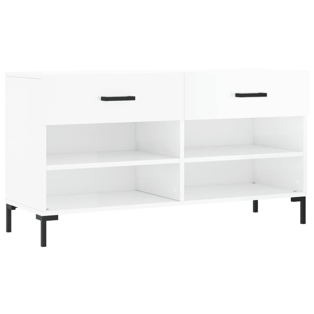 furnicato Schuhbank 102x35x55 cm Hochglanz-Weiß mit Stauraum und Eisenbeinen (1-St), Sitzbank mit 2 Schubladen, 4 Fächern und Wandhalterung für Flur