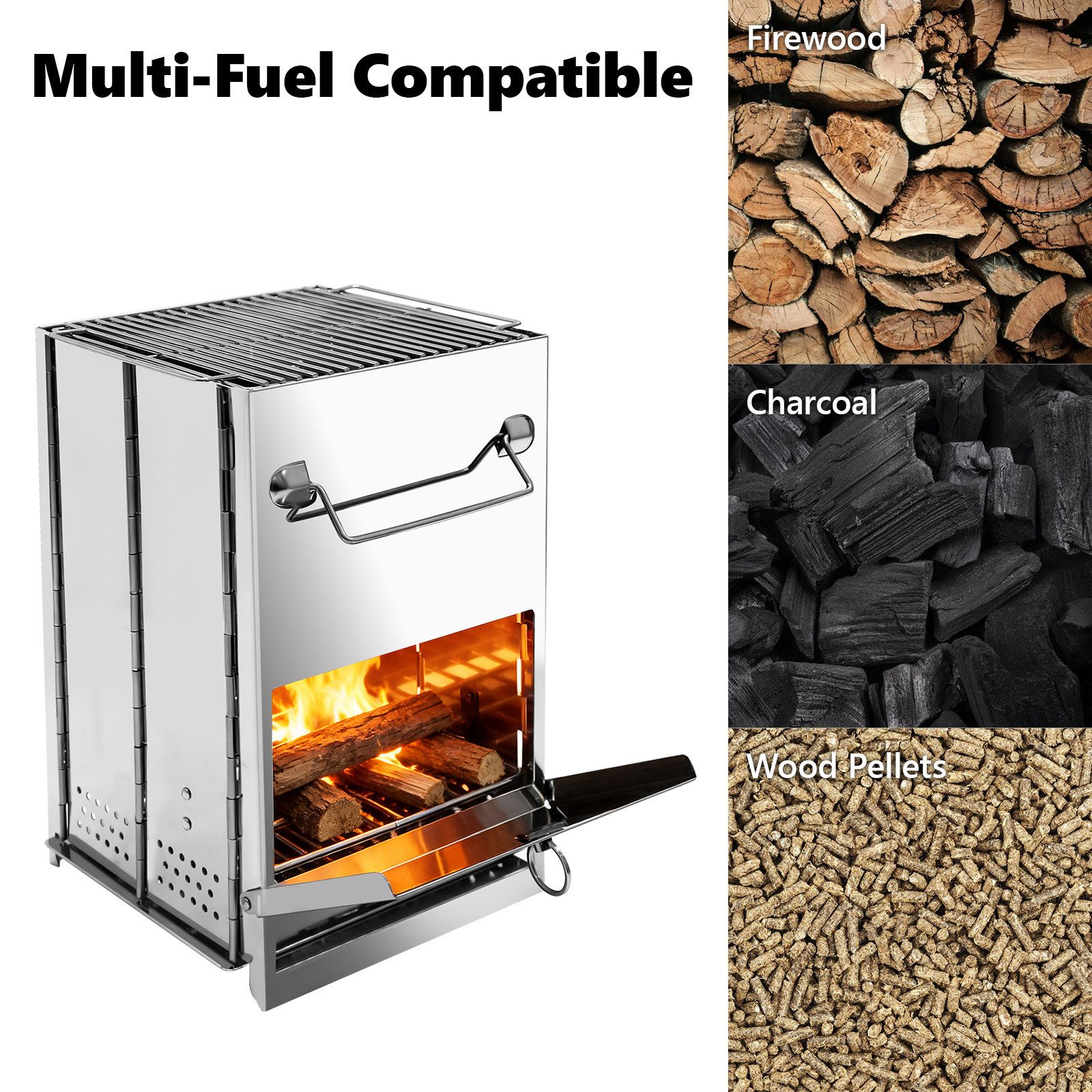 SunJas Holzkohlegrill Edelstahl Campinggrill klappbar Camping Holzofen, Faltbarer Camping Backofen, Edelstahl tragbar Campingofen, tragbarer faltbarer Holzofen mit Tragetasche, für Outdoor-Aktivitäten, Wandern, Picknick und Grillen