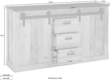 Home affaire Sideboard SHERWOOD, Holz Dekor, mit Scheunentorbeschlag und Apothekergriffen, Breite 161cm