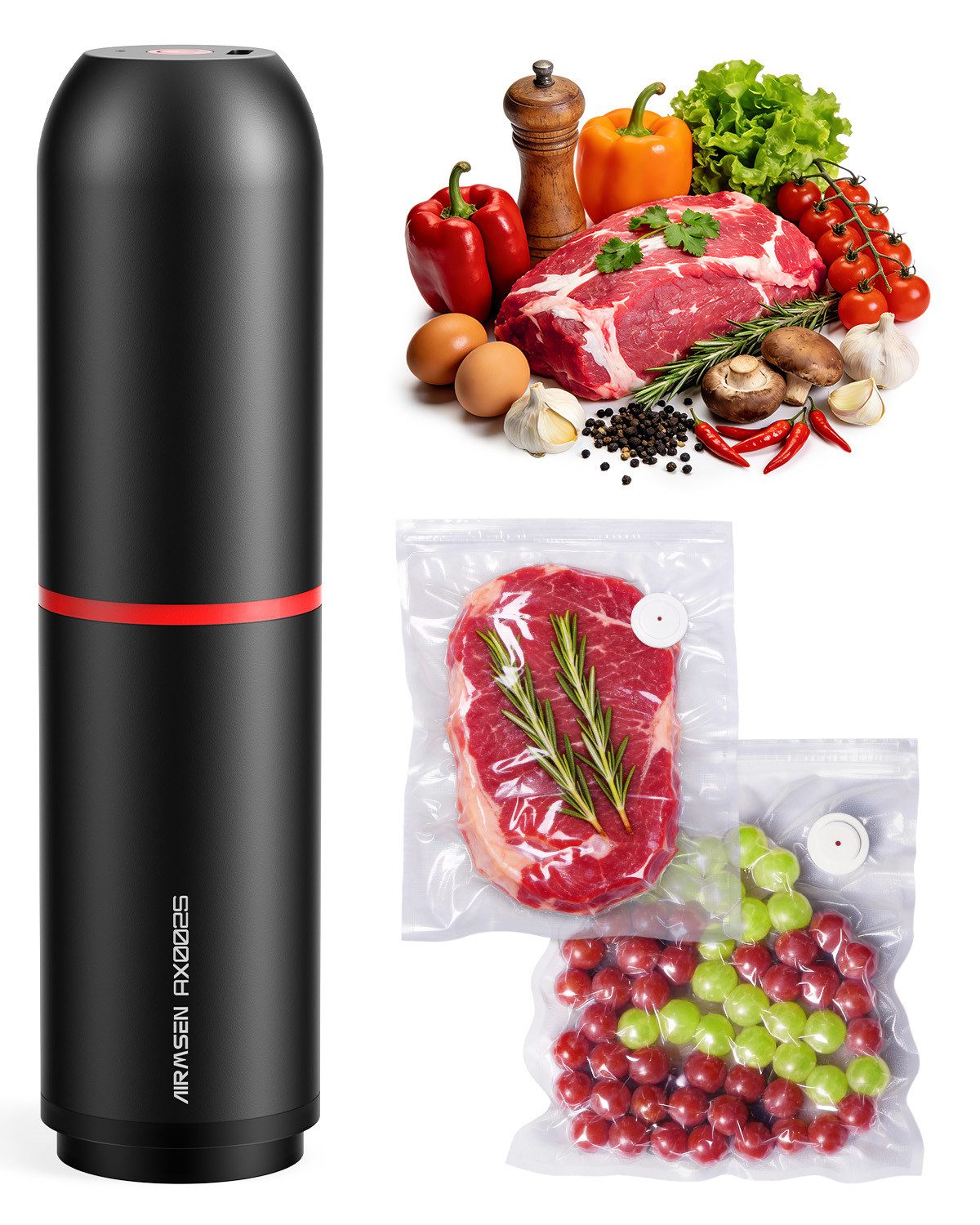 Airmsen Hand-Vakuumierer Vakuumiergerät Klein mit 40 kPa Saugkraft mit 33 Vakuumbeutel