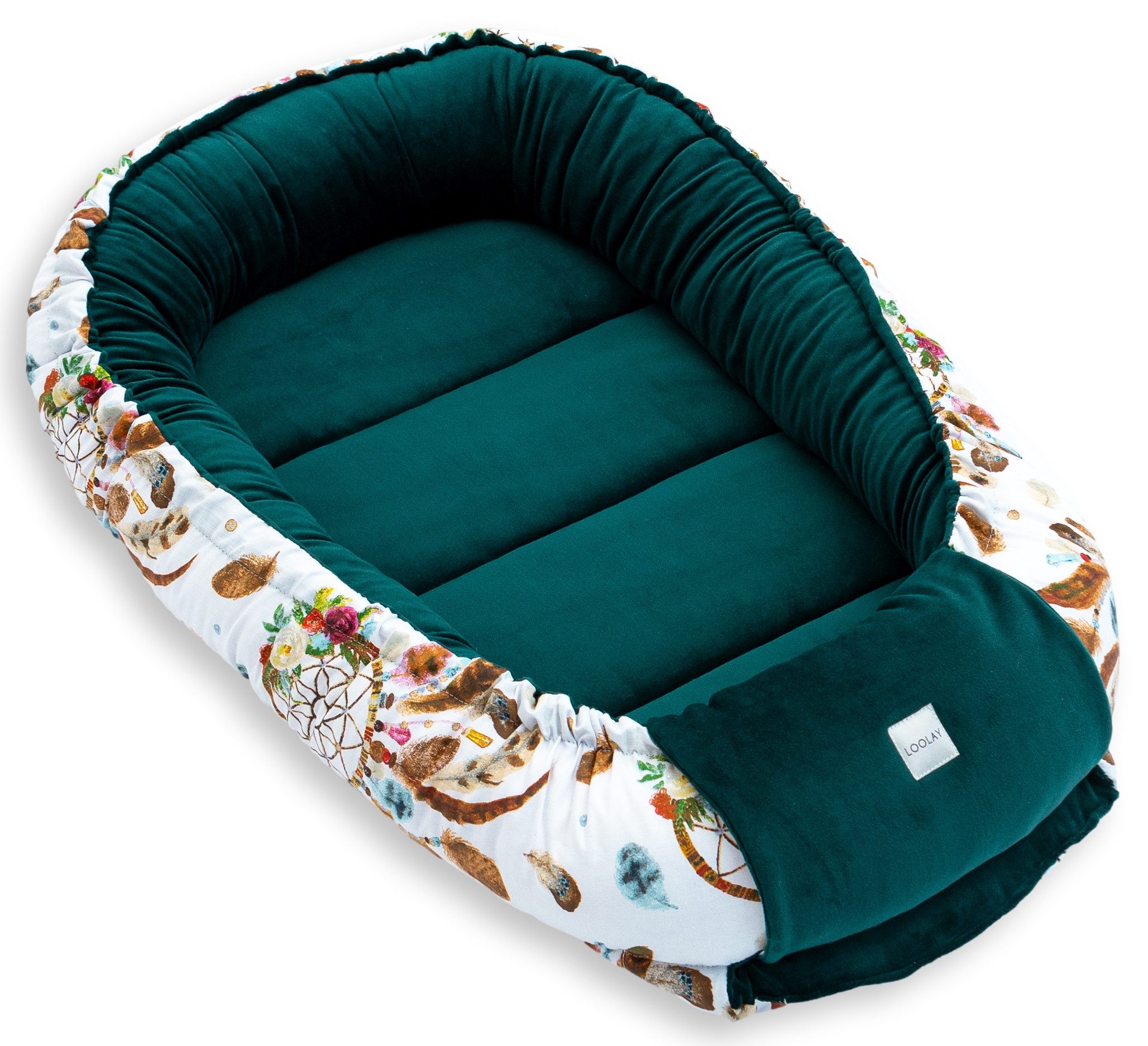 Loolay Kuschelnest BABYNEST SOLO Premium Babyausstattung - Baumwolle & Samt Velours, (MUSTER: GRÜN Samt Velour/ Traumfänger BOHO, 1-tlg., Liebevoll handgefertigt Nestchen! Geborgenheit Komfort für Neugeborene), Premium Ausstattung - 100% Europäische Stoffe und Kleinserien-Nähen!