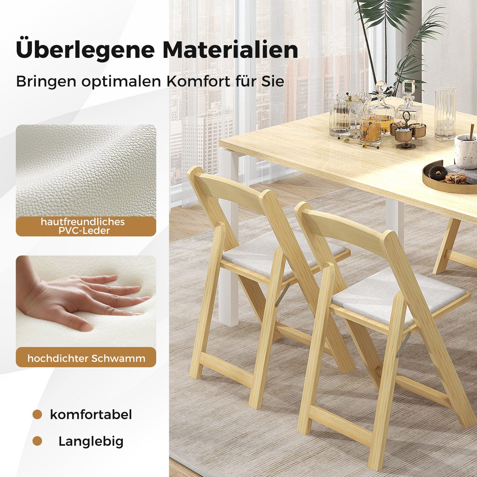 COSTWAY Klappstuhl, 2er Set Esszimmerstuhl, gepolsterte Sitzfläche, Holz günstig online kaufen