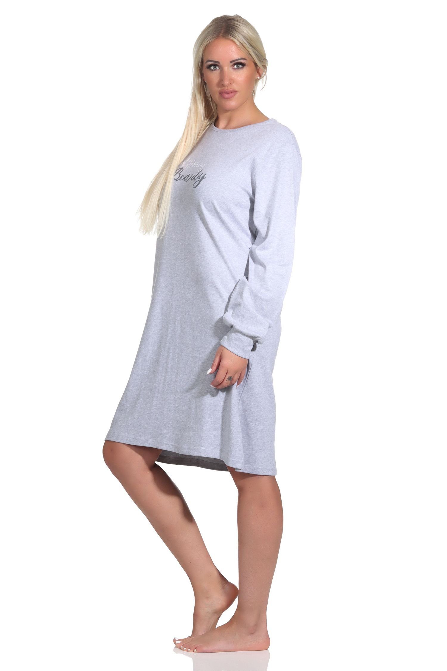 Normann Kuschel grau-melange Interlock mit Nachthemd Qualität langarm Nachthemd in Damen Bündchen