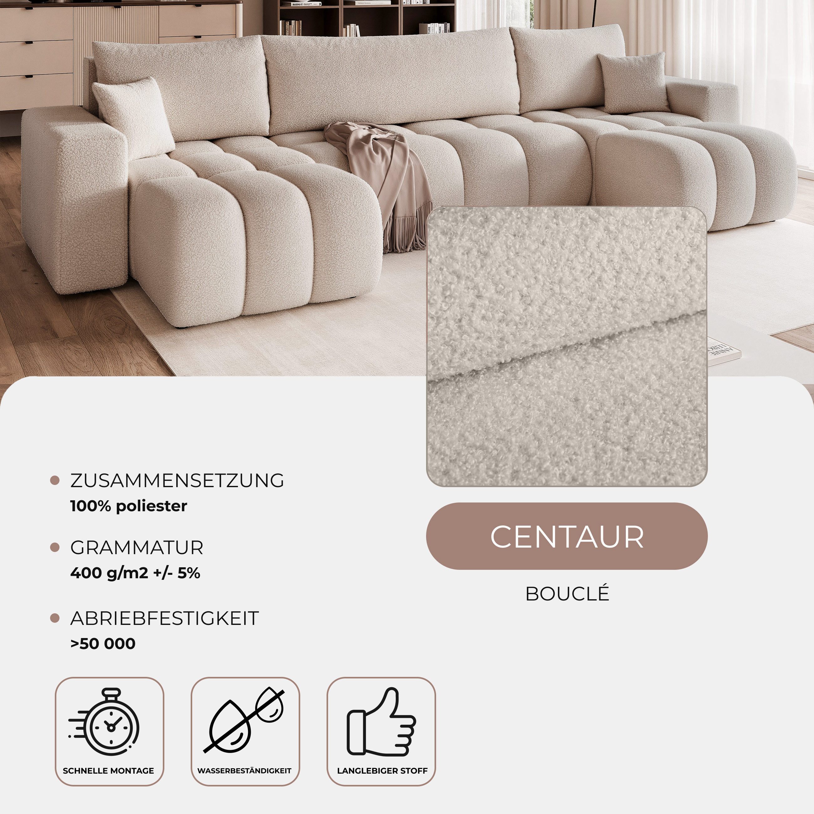 yourhouse24 Wohnlandschaft XXL U-Sofa OLI U mit tiefer Steppung (318 cm) – Bouclé-Stoff, Seite universal – Bild 5 von 5