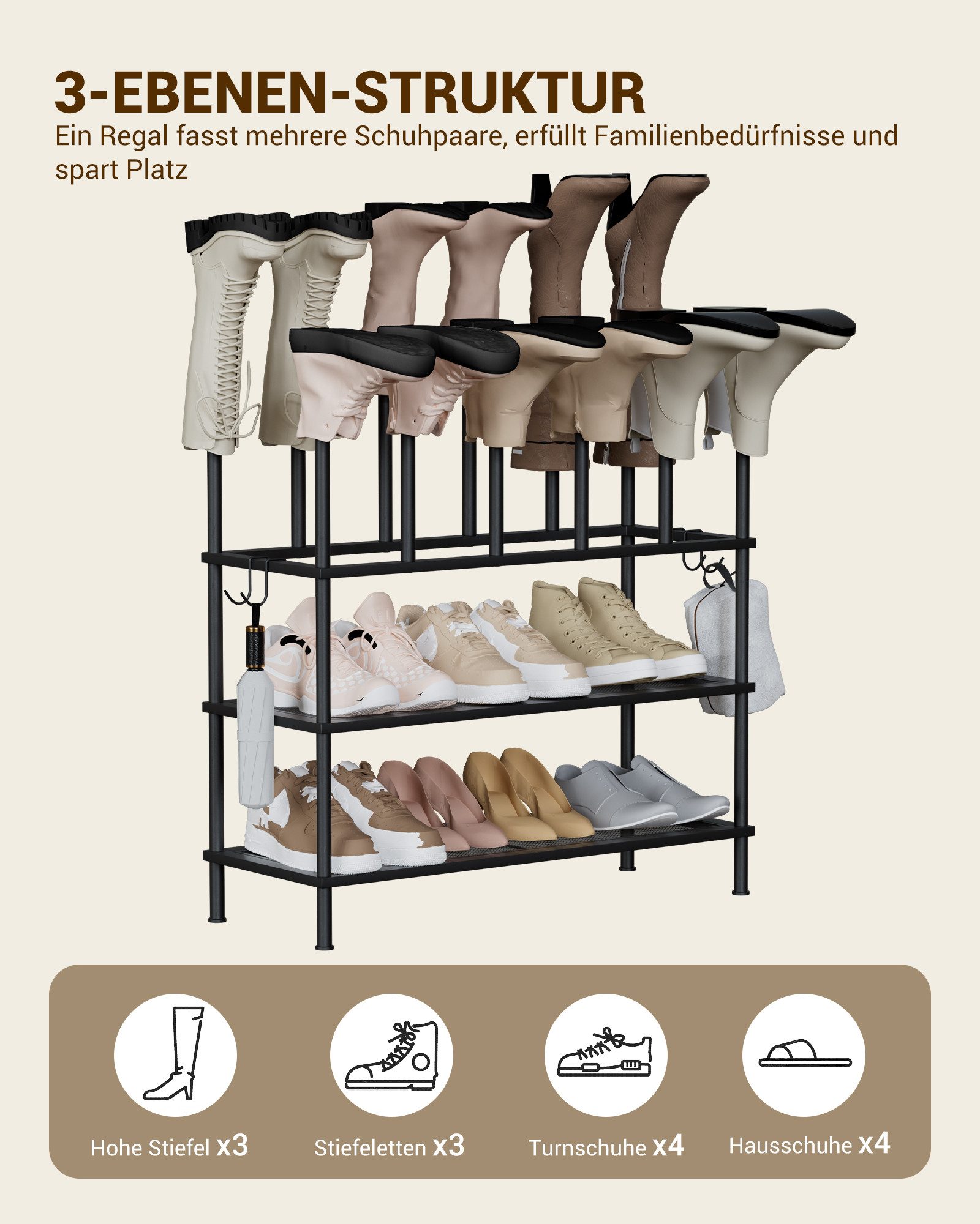 Oak&Tea Schuhregal 2-in-1 Schuh- und Stiefelregal, flexibel kombinierbar, 3 Ebenen, mit Platz für hohe Stiefel, robust, Aufbewahrung