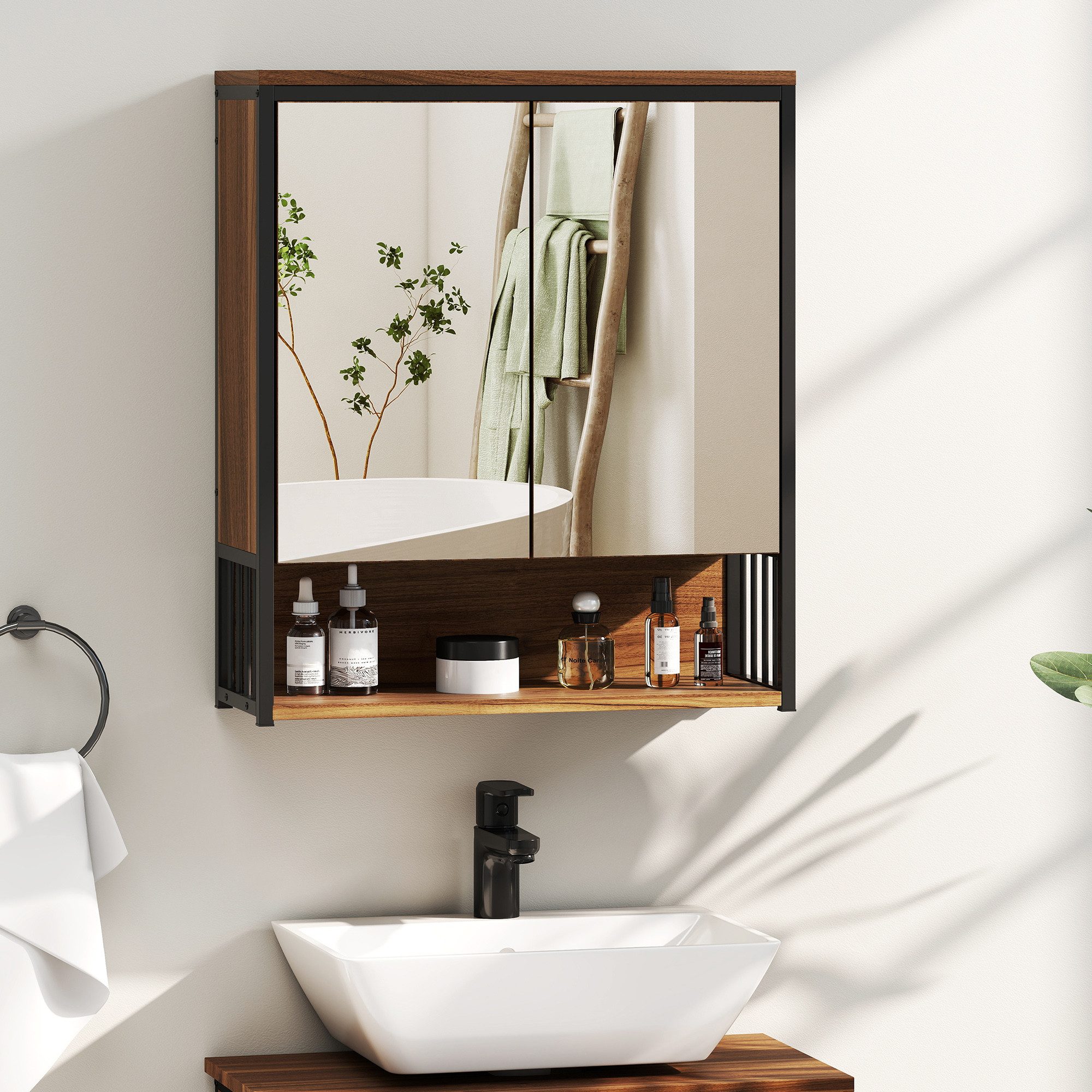 HOMCOM Spiegelschrank Bad mit Spiegel, Soft-Close-Tür (Badschrank, 1-St., Badezimmerschrank) mit offenen und geschlossenen Fächern, 56 x 20 x 65 cm, Braun