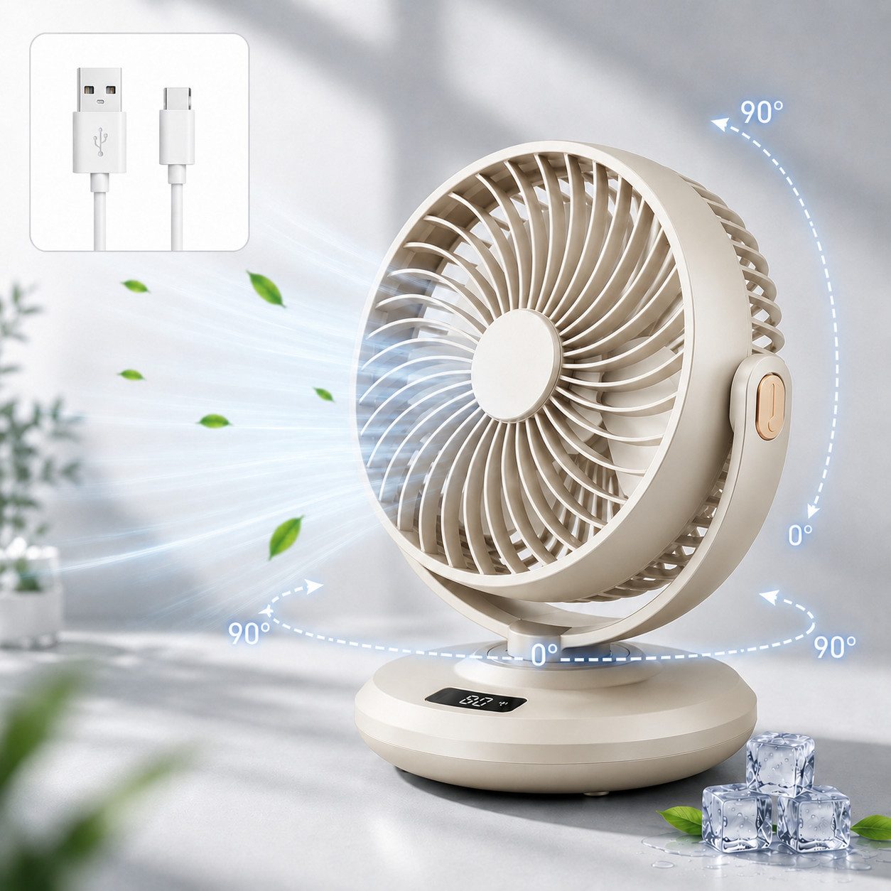 MOPUEA Tischventilator Akku-Tischventilator USB, leise, mit LED-Anzeige und 5 Stufen, 90° schwenkbar, tragbar und flexibel im 2-in-1-Design