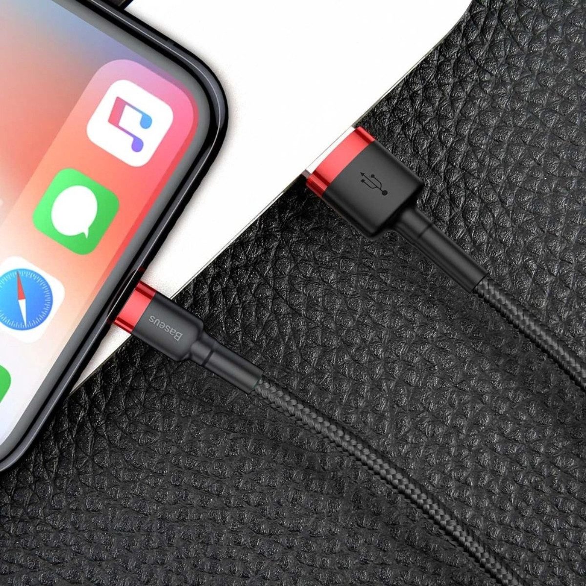 Baseus CALKLF-A19 USB-Kabel, USB-A auf Anschluss für iPhone, Lightning, Schnellladefähig, Reißfestes Nylongeflecht, Verstärkte Stecker