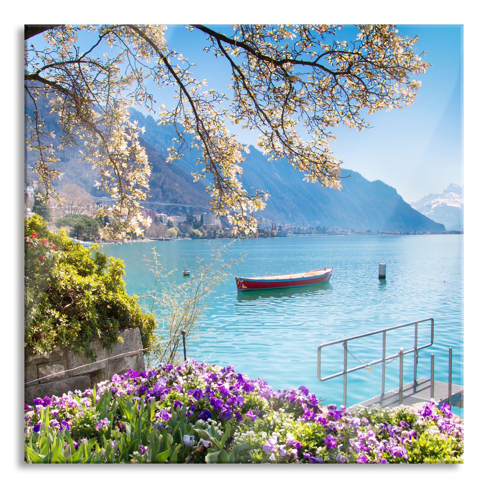 Pixxprint Glasbild Genfer See im Sonnenschein, Genfer See im Sonnenschein (1 St), Glasbild aus Echtglas, inkl. Aufhängungen und Abstandshalter