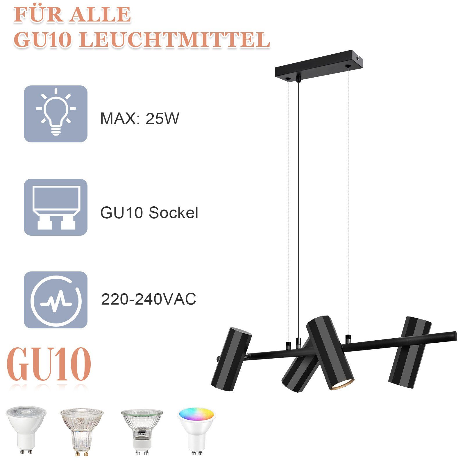 ZMH Pendelleuchte Hängelampe Esstisch Schwarz 4 Flammig - GU10 Wohnzimmer Industrial, ohne Leuchtmittel, Metall Modern für Innen Küche – Bild 4 von 5