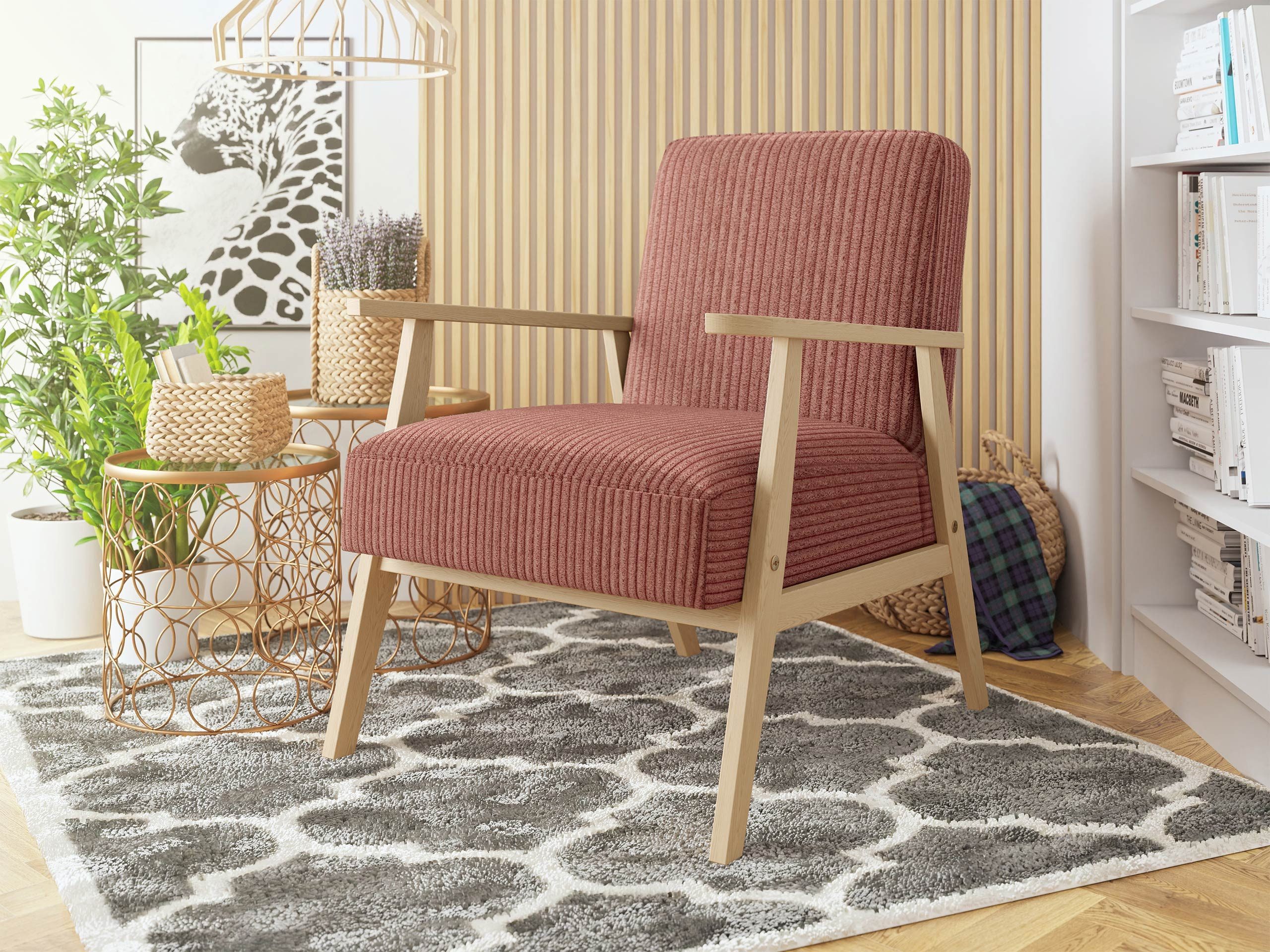 MIRJAN24 Sessel Retro Cord (mit Wellenfeder), mit Holzarmlehne, Lehnstuhl