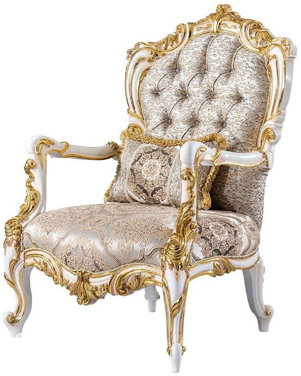 Casa Padrino Sessel Casa Padrino Luxus Barock Sessel Silber / Beige / Schwarz / Weiß / Gold - Prunkvoller Wohnzimmer Sessel mit Glitzersteinen - Barockstil Wohnzimmer Möbel - Luxus Möbel im Barockstil