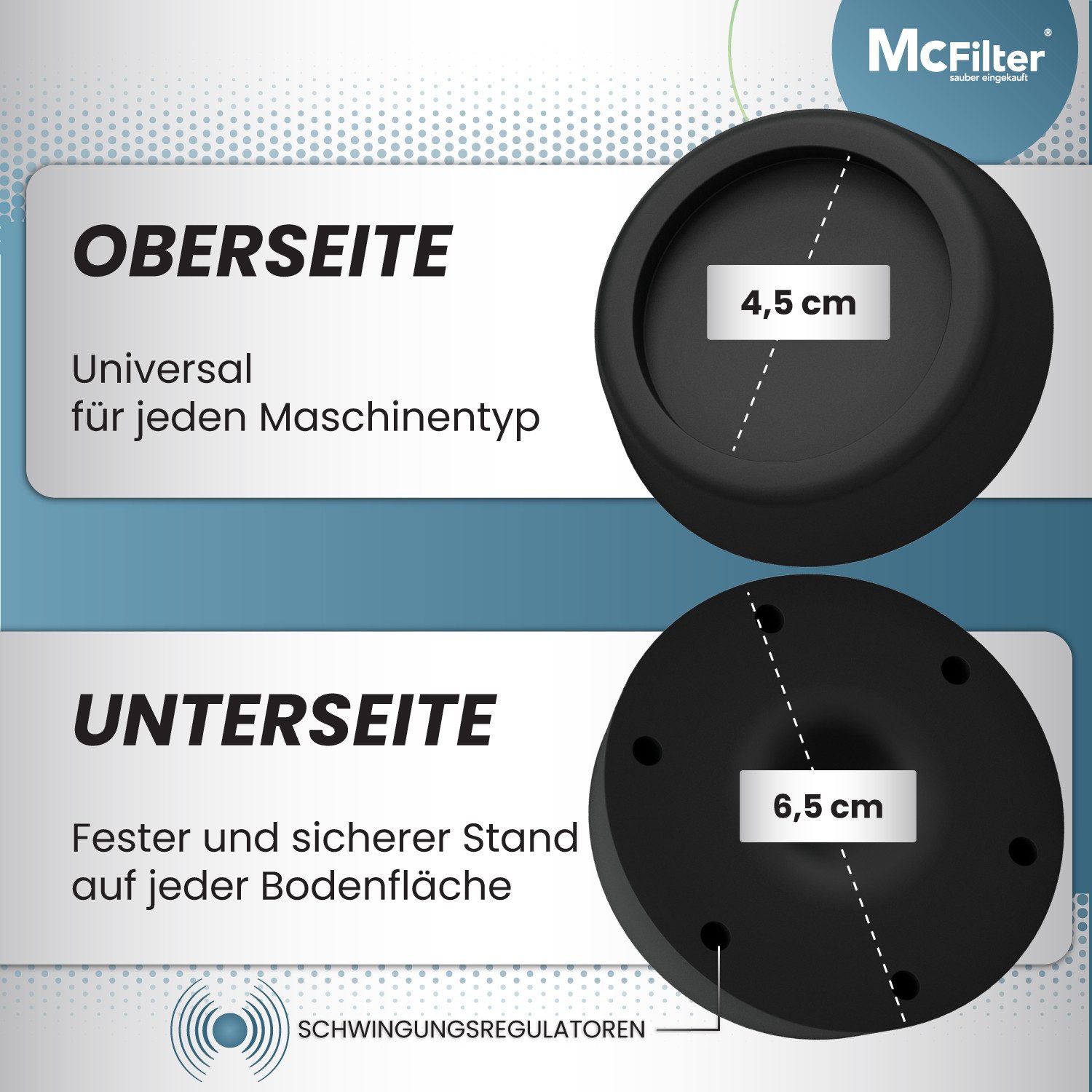 McFilter Vibrationsdämpfer 4 Schwingungsdämpfer für Waschmaschinen und Trockner, (Universal Vibrationsdämpfer kompatibel mit Bosch, Siemens, AEG, 4-St), Rutschfeste Gummipads, Gummifüße, Waschmaschinenunterlage - schwarz