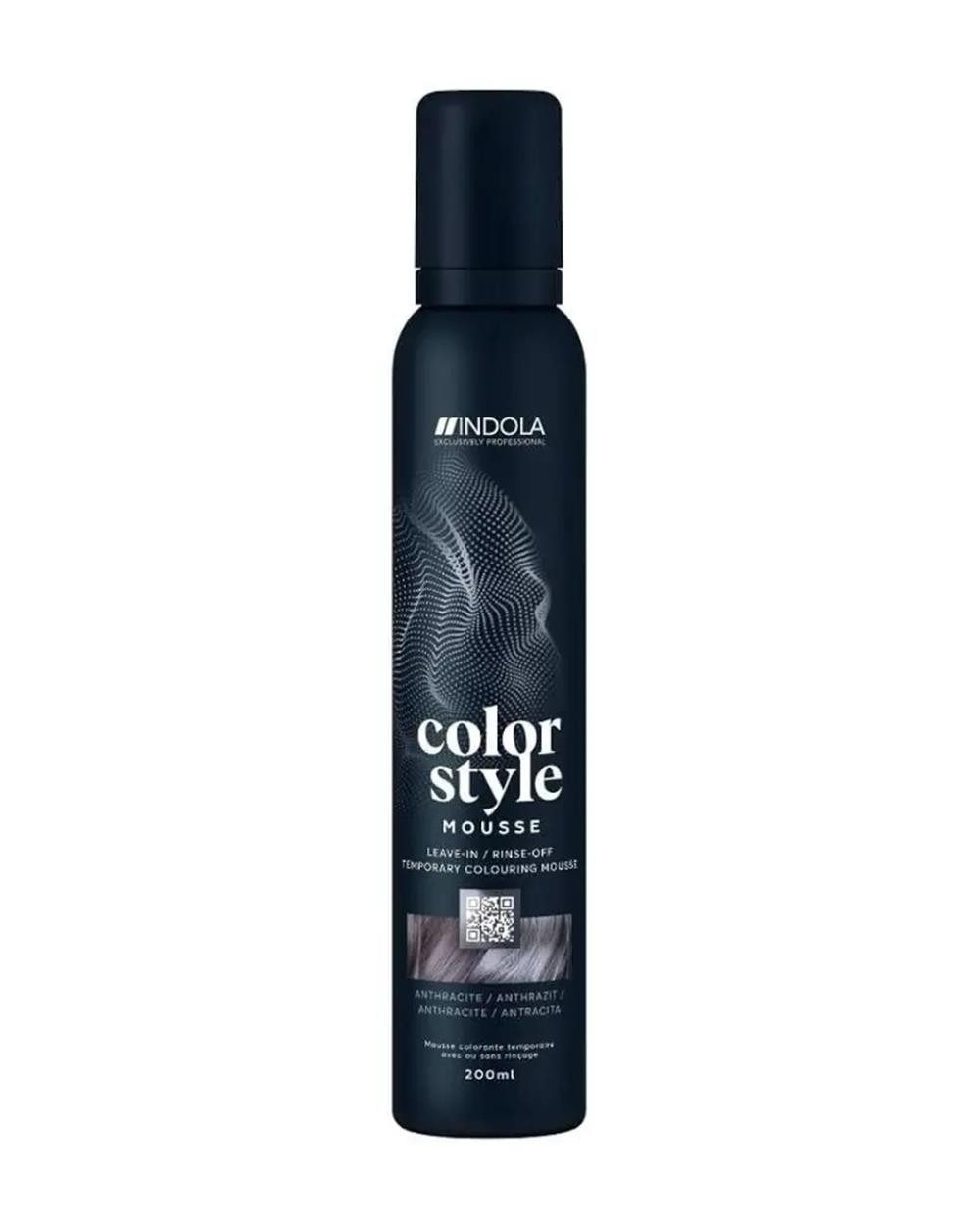 Indola Haarfestiger INDOLA Color Style Mouse Farb-Schaumfestiger Anthrazit 200 ml, Packung, das Mousse bietet Glanz, Pflege und flexible Farbveränderung