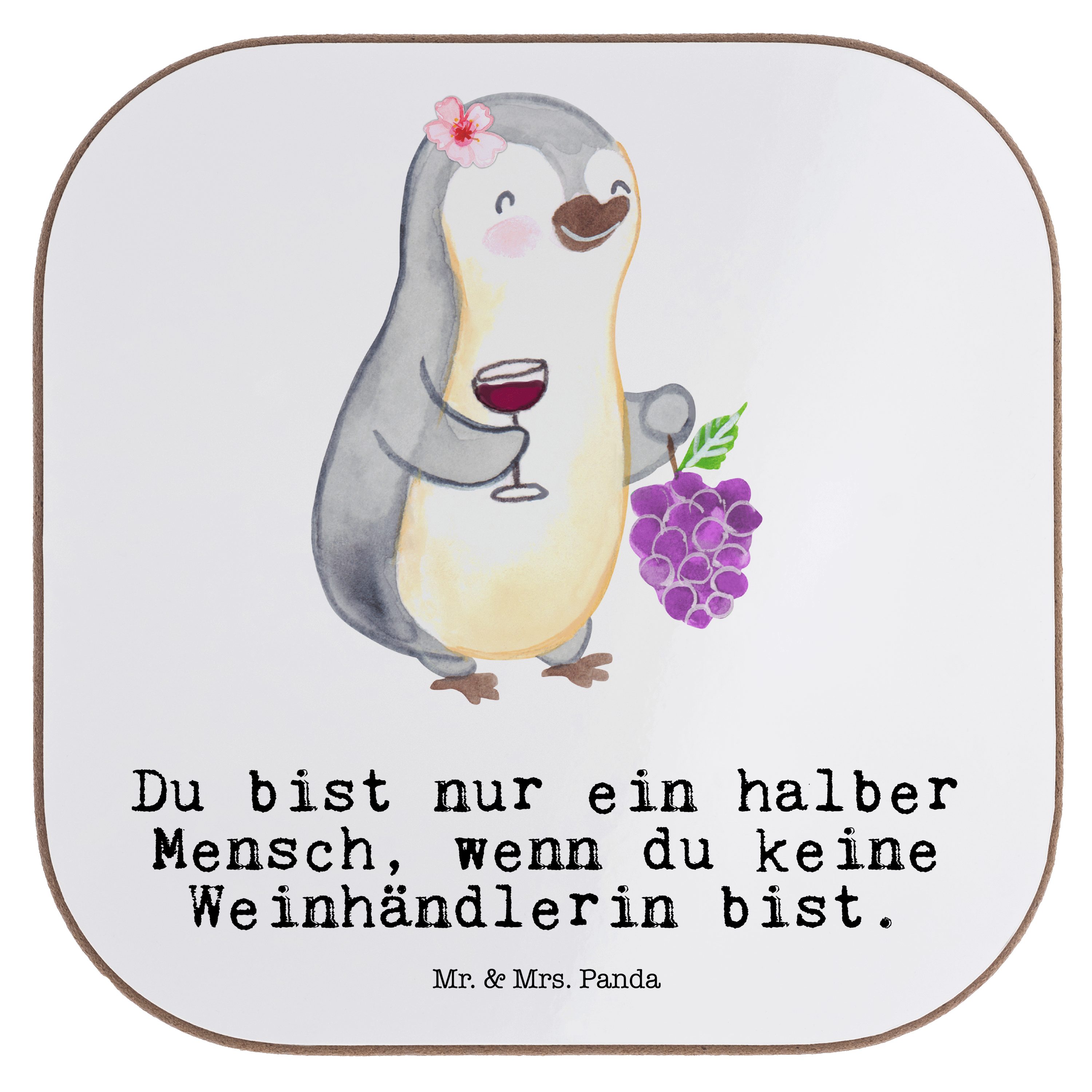 Mr. & Gläser, mit Geschenk, Untersetzer - Mrs. Weinhändlerin Herz Panda Ausbild, Getränkeuntersetzer - Weiß 1-tlg