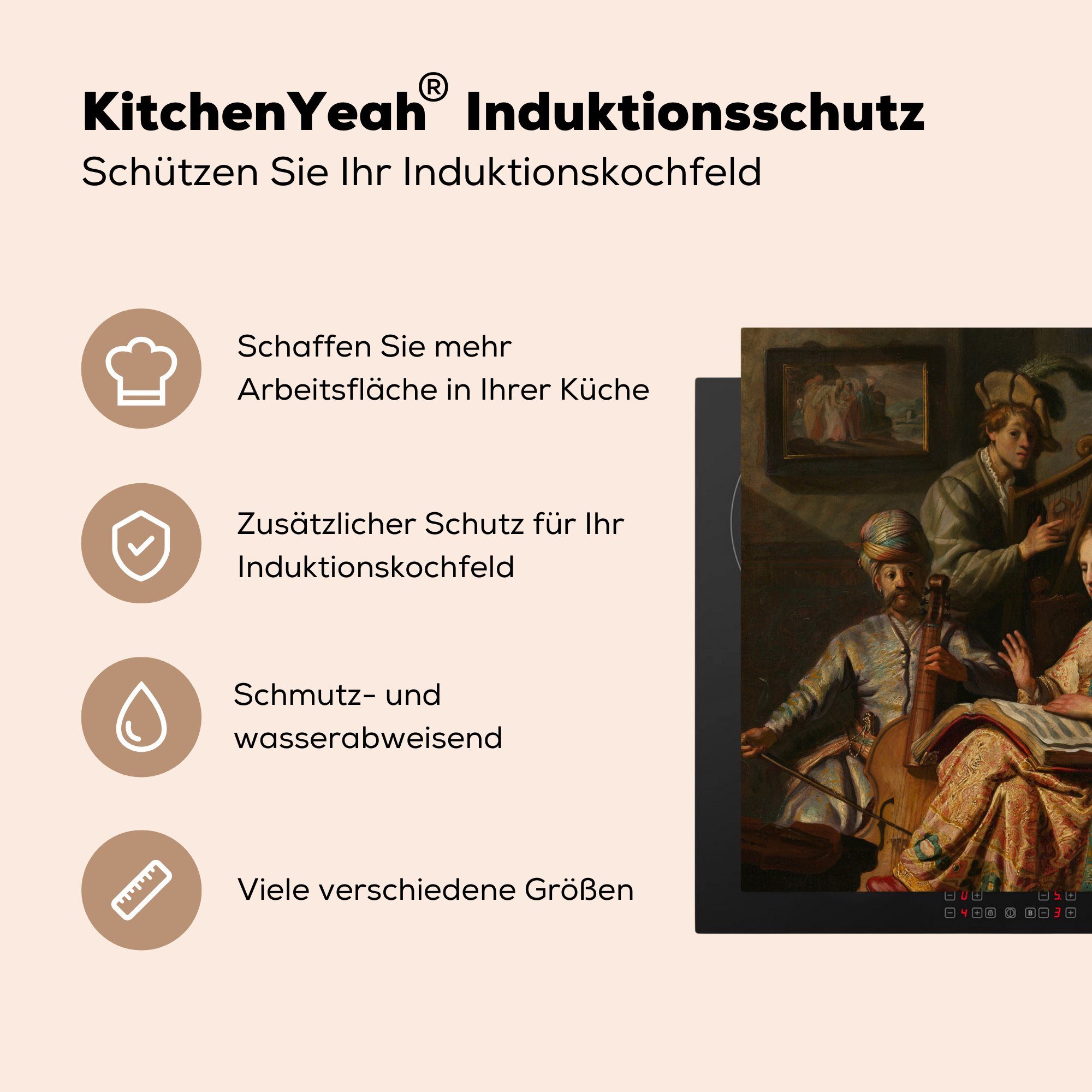 Vinyl, des - (1 tlg), 78x78 Rijn, Musikers für Gesellschaft van Ceranfeldabdeckung, Rembrandt Herdblende-/Abdeckplatte Arbeitsplatte cm, Die MuchoWow küche