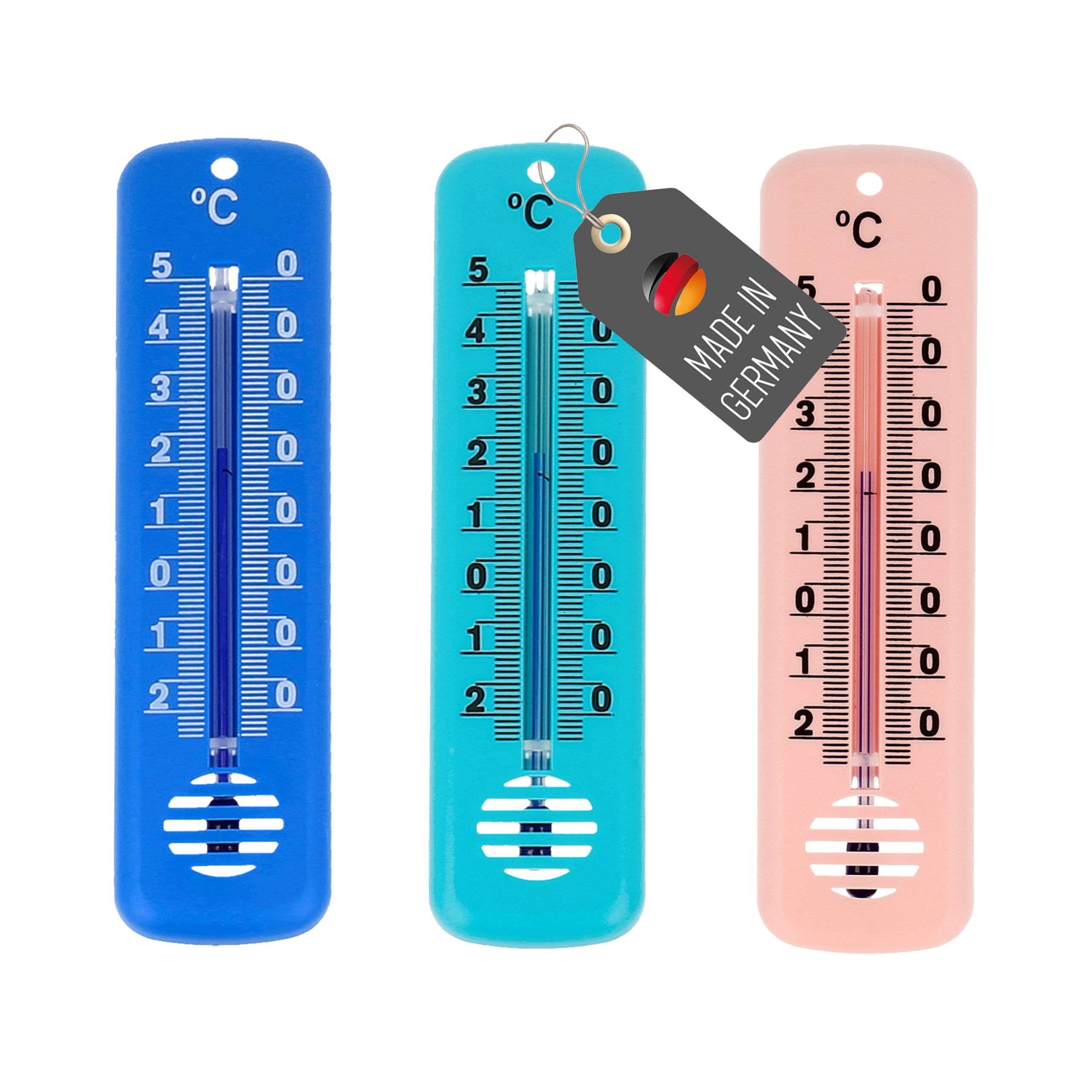 Lantelme Raumthermometer 3 Stück Set Außen Garten Innen Thermometer Farbwahl Außenthermometer, Kunststoff Hauswand Thermometer in den Farben Blau, Grün, Pink, Weiß, Deutsche Herstellung, Temperatur -25 °C bis 50 °C Analog, 14cm Lang