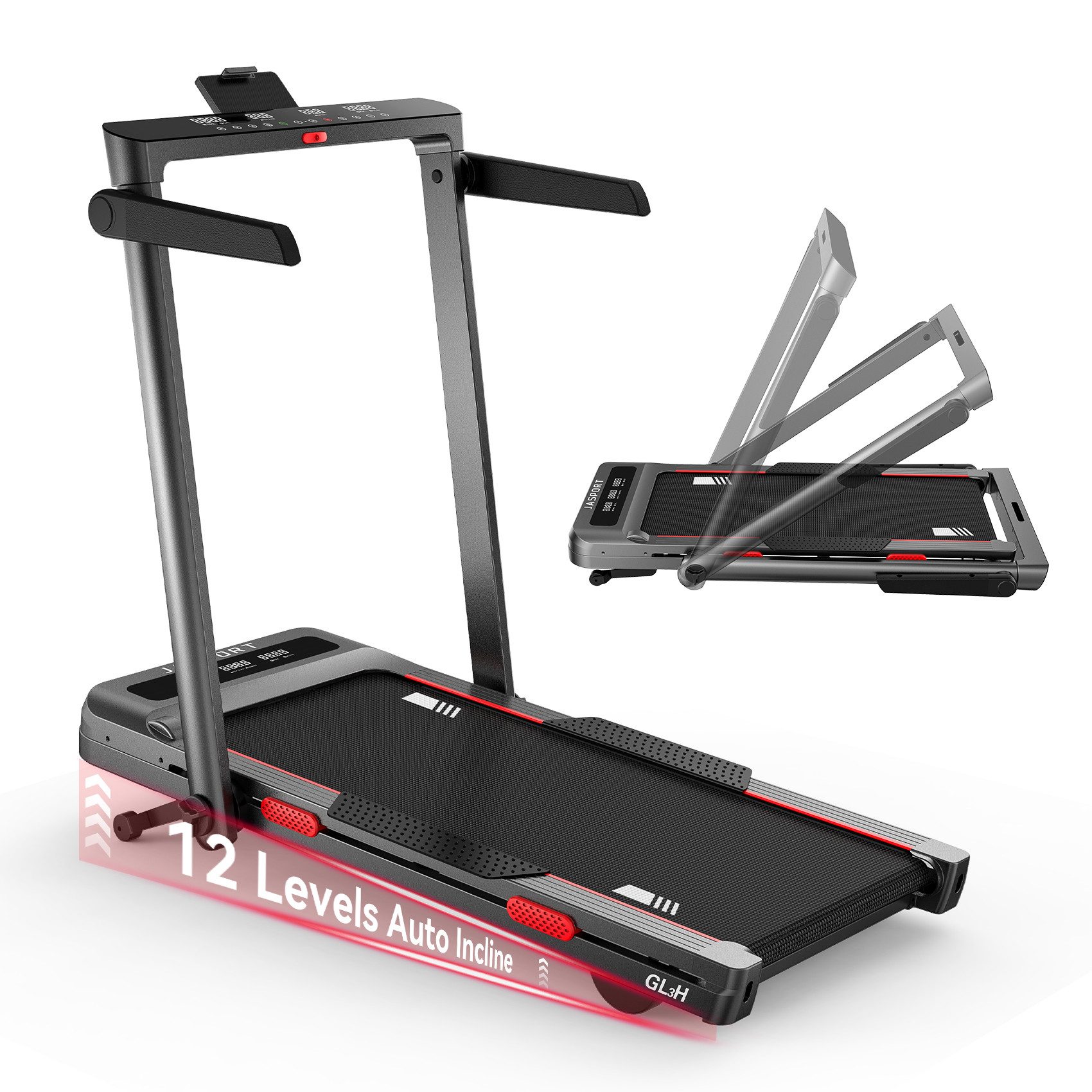 JASPORT Laufband GL3 & GL3H Laufband (Tablet-Halterung, Klappbare Handläufe, Transportrollen), Dual-LED-Anzeige, Leiser 3.0PS Motor, 6-Zonen-Dämpfungssystem