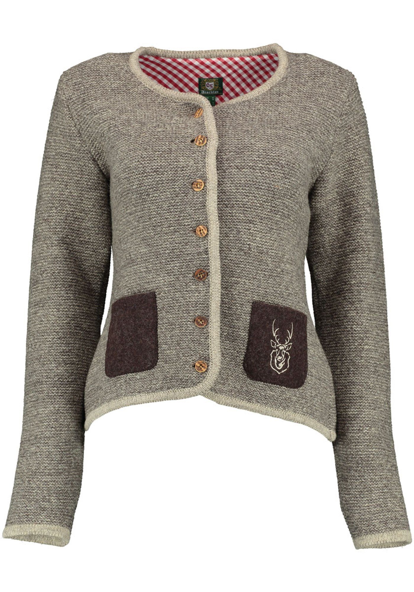 OS-Trachten Strickjacke Leunar Trachtenjacke aus Wolle mit  Hirsch-Stickereien auf Tasche und Rücken