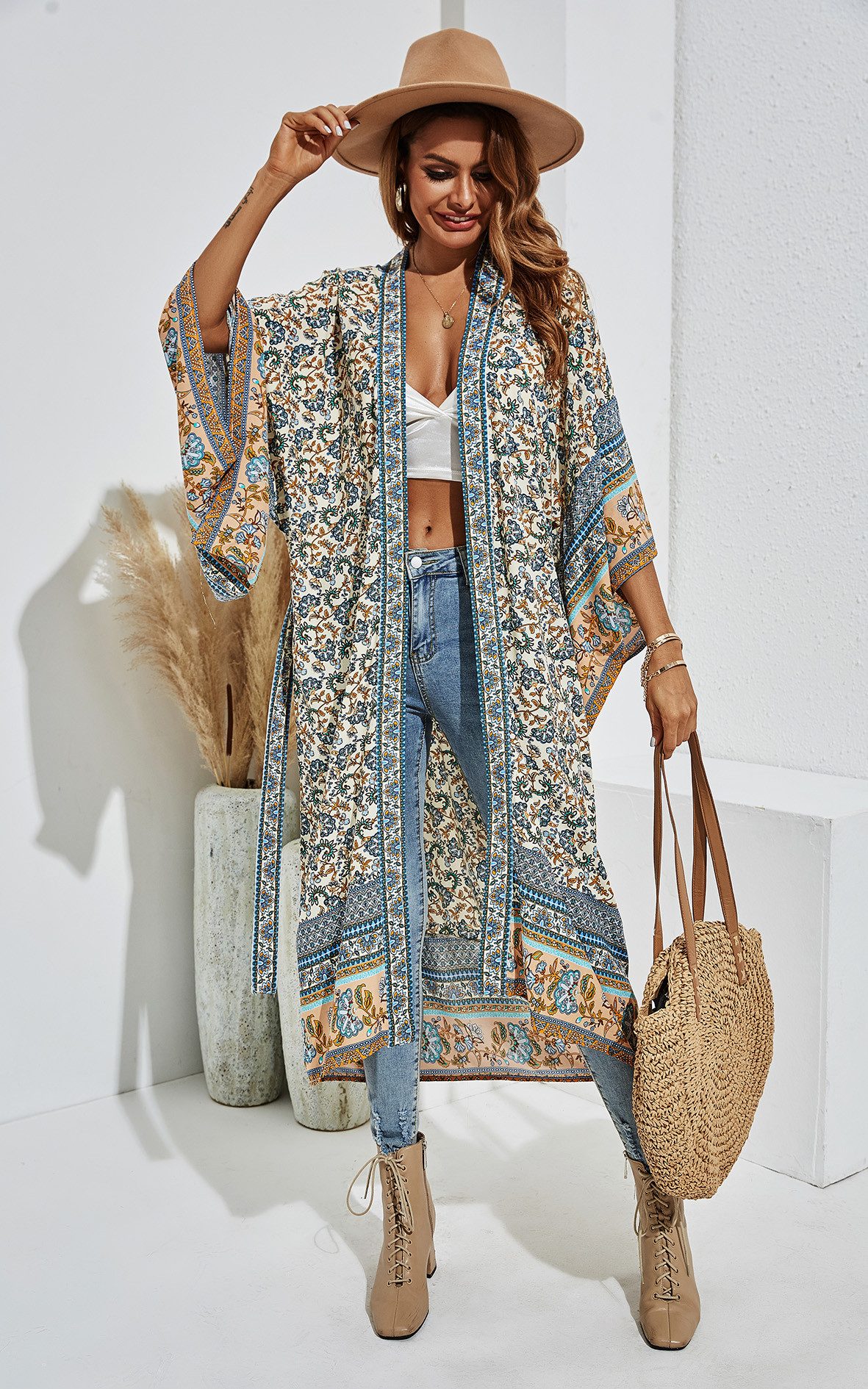 FS Collection Blusenkimono Luftiger Blusenkimono mit Bindegürtel - Lässiger günstig online kaufen