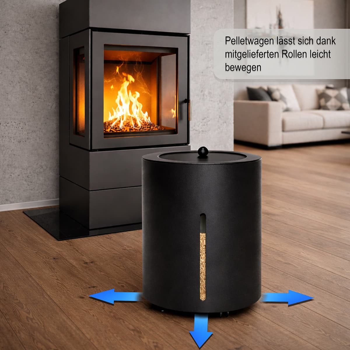 MS Beschläge Kaminholzkorb Pellets-Rollcontainer Schwarz Ø 39cm Pellettonne, Pelletbehälter h 51cm Pelletkorb mit Deckel – Bild 4 von 5
