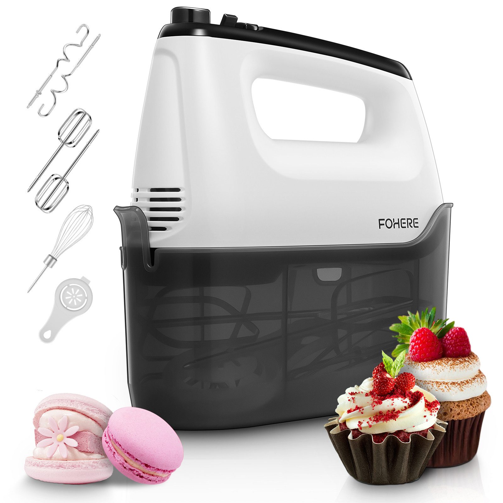 FOHERE Handmixer 6 Geschwindigkeiten plus Turbo, 6 Zubehörteile Edelstahl, 400 W, Aufbewahrungsbox, vertikales Design