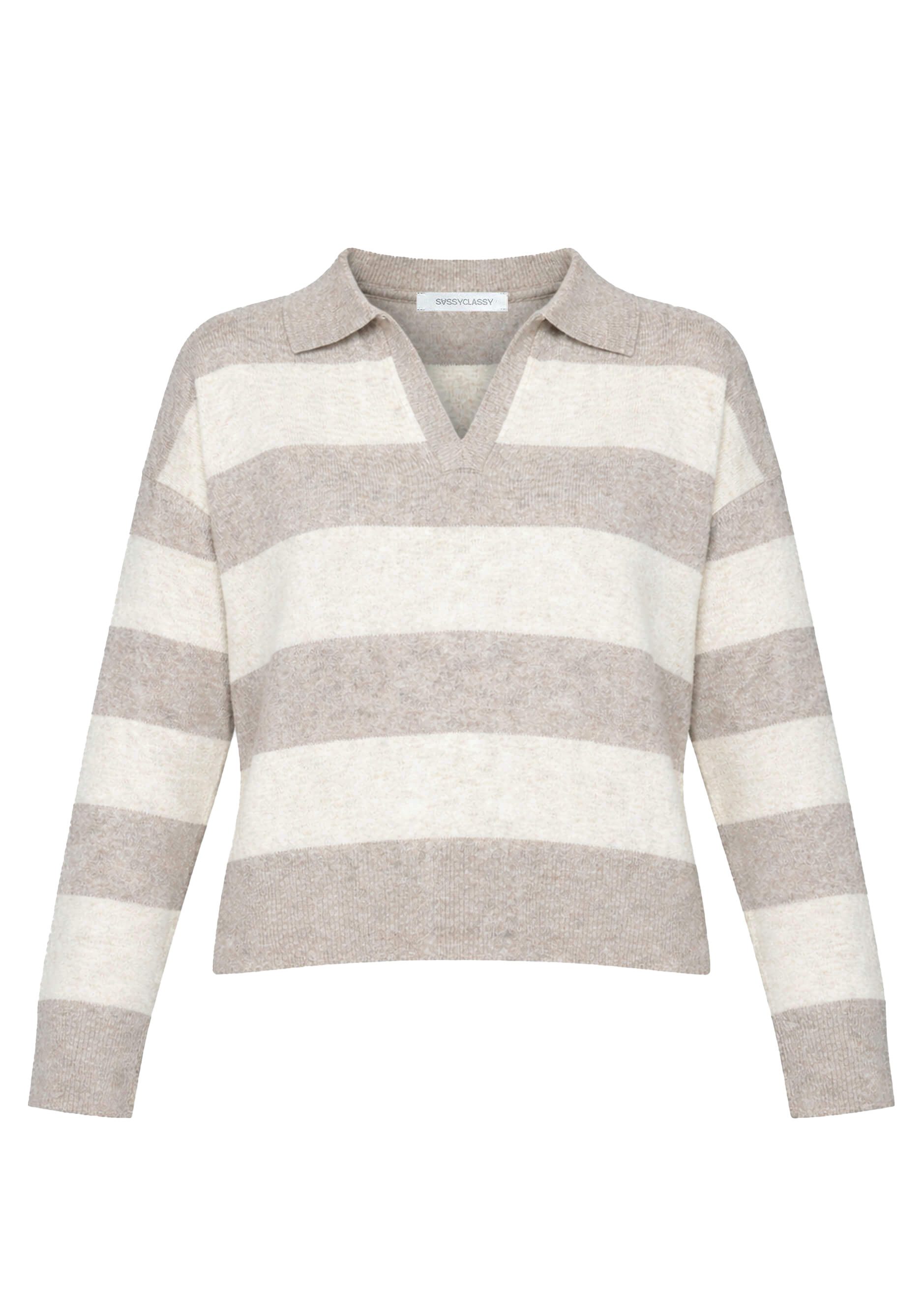 SASSYCLASSY Strickpullover Gestreifter Pullover mit Polokragen für Damen Moderner Strickpullover mit V-Ausschnitt und Wollanteil Beige Pink