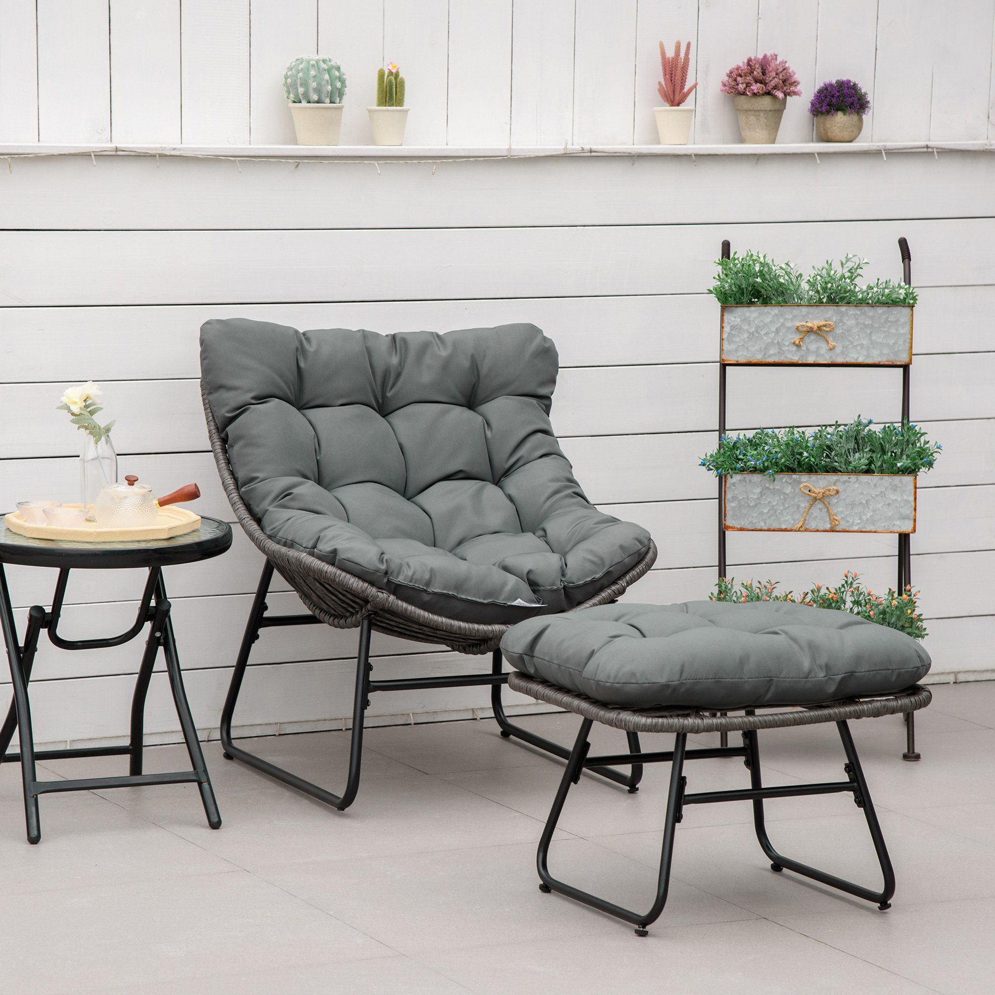 Outsunny Sitzgruppe Rattanstuhl mit Kissen, (Gartensessel, 2-tlg., Rattan Relaxsessel), Stahl Polyester Grau 69 x 76 x 70 cm