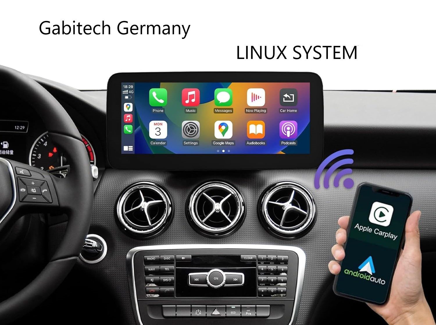 GABITECH Carplay und Android Auto für Mercedes Benz A W176, C117, X156 NTG4.5 Einbau-Navigationsgerät (LINUX SYSTEM. 10.3 Zoll Display)