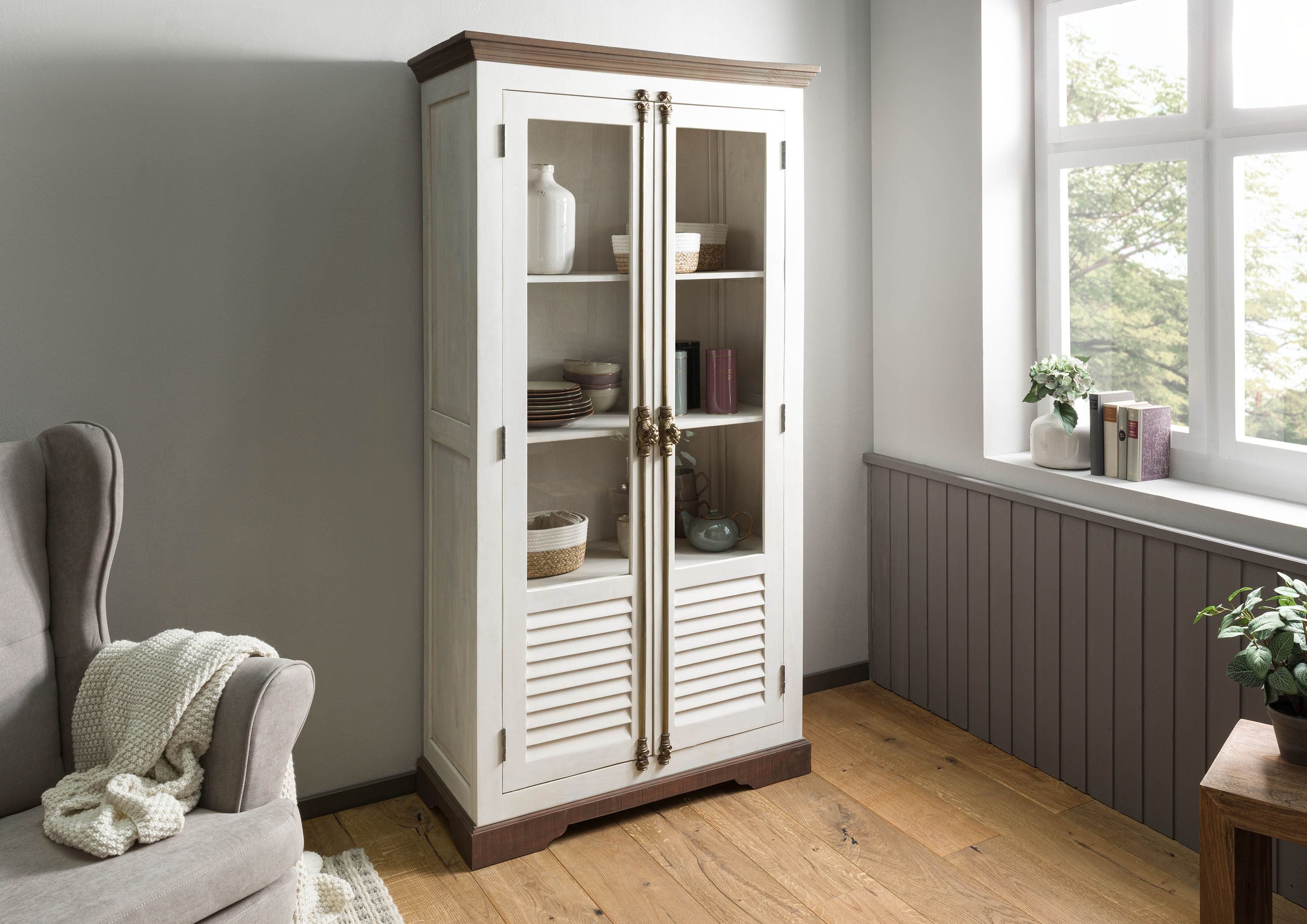 Massivmoebel24 Standvitrine TOULOUSE (Mango 97x45x190 weiß lackiert TOULOUSE #101) Mango 97x45x190 weiß lackiert TOULOUSE #101