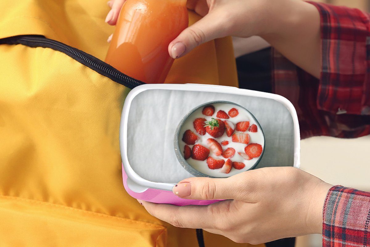 Brotbox Schale Kunststoff - Lunchbox Erdbeere Kunststoff, für rosa - (2-tlg), Kinder, Tisch, Snackbox, Brotdose Erwachsene, MuchoWow Mädchen,