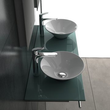Alpenberger Doppelwaschtisch Doppelwaschbecken auf Milchglas & Handtuchhalter (Komplett Set, 7-St., 7-tlg), pflegeleicht, platzsparend, ESG Glas, Nano