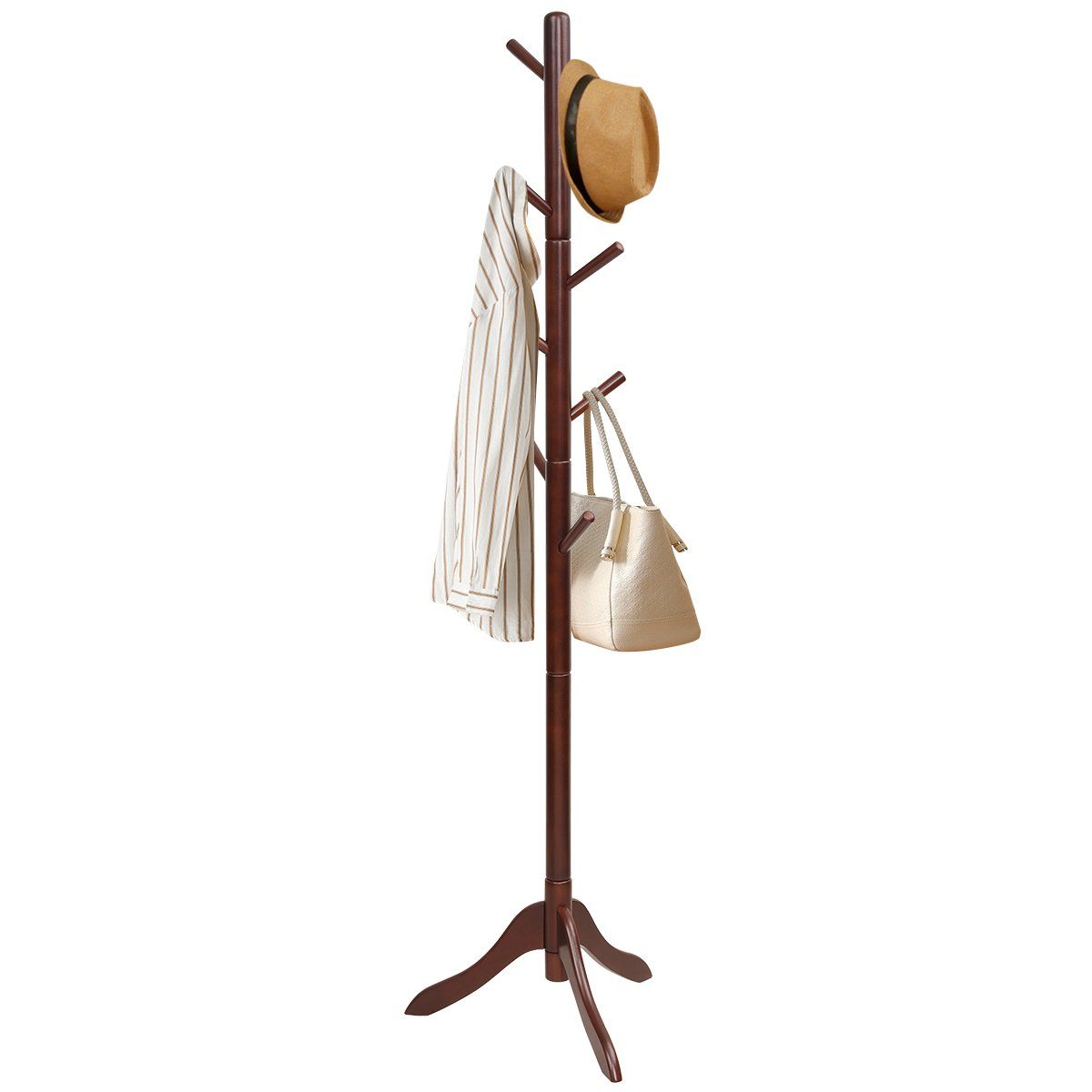COSTWAY Garderobenständer, höhenverstellbar, mit 8 Haken, Massivholz 175cm