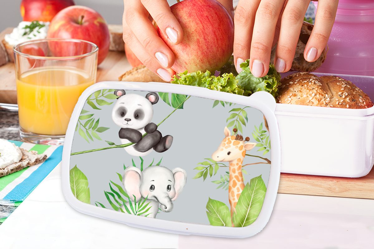 MuchoWow Lunchbox Dschungel - Blätter Brotbox und Jungs Kunststoff, Erwachsene, Kinder für Tiere, für und - weiß Brotdose, (2-tlg), Mädchen
