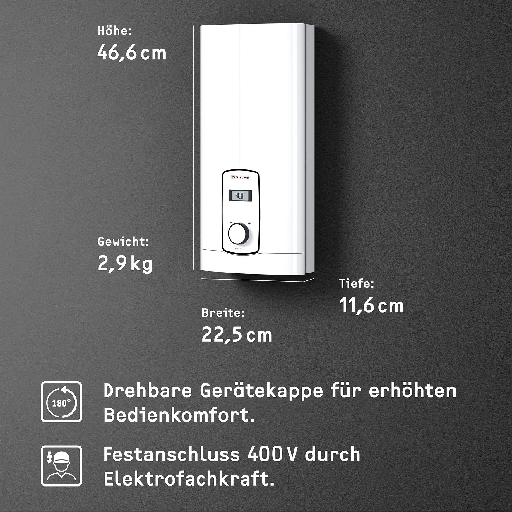 STIEBEL ELTRON Komfort-Durchlauferhitzer DHB-E 18 kW LCD 25A, gradgenaue Temperaturwahl, elektronisch, min. 20 °C, max. 60 °C, 3i Technologie für konstante Warmwassertemperatur, LC-Display